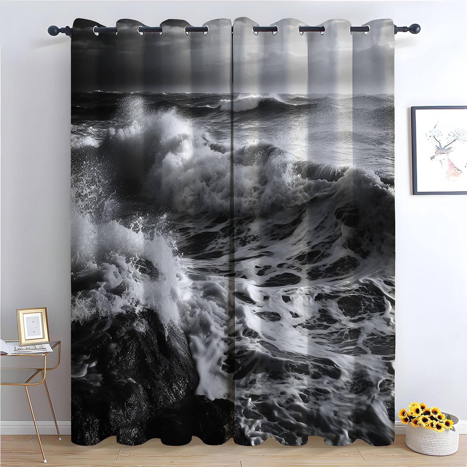 Rideau noir blanc ocean eclaboussures pour fenetre chambre rideaux occultants