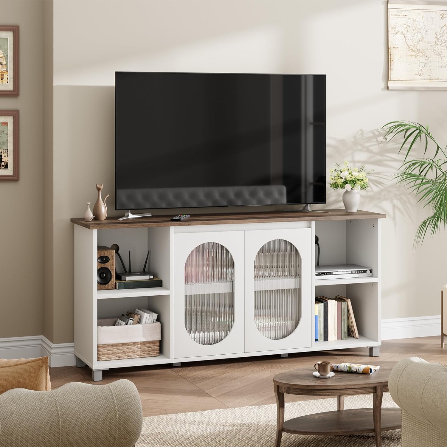 GarveeHome Modern TV Stand, 63 Inches Media Console Table with Fluted Glass & 3 Open Shelves, Television Entertainment Center for Living Room, Bedroom