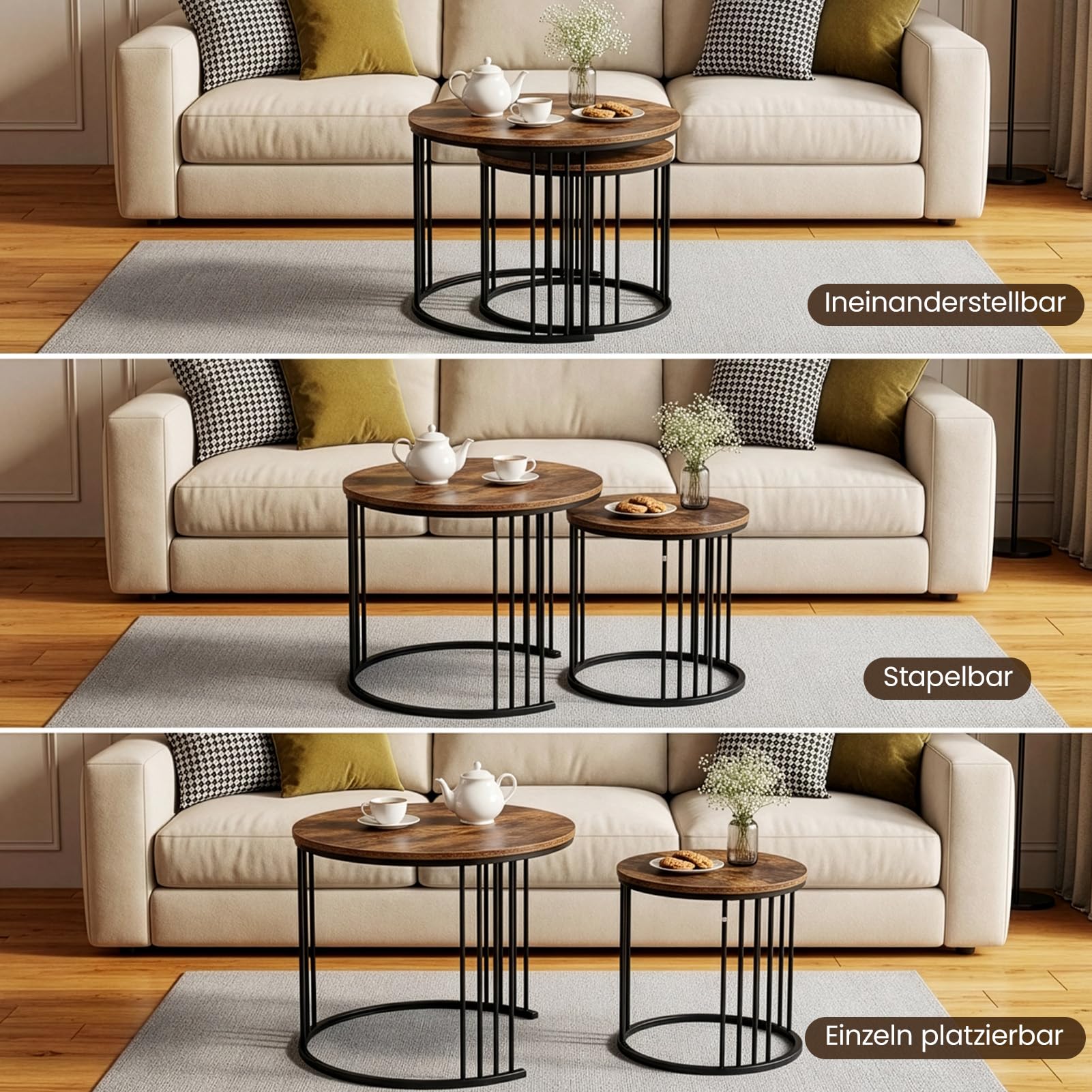 Youyijia Satztisch-Couchtisch, 2er-Set, runder Tisch, moderner Beistelltisch, Nachttisch für Schlafzimmer, Esszimmer (Retro Braun)