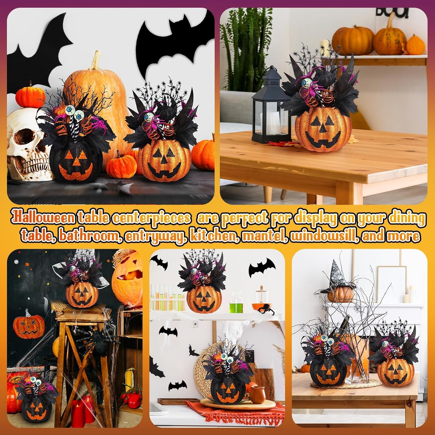 Giegxin 2 Pack Halloween Table Centerpieces Decorations 14'' x 10'' Jack O Lantern Artificial Flowers Pumpkin with Spider and Eyeball Halloween Tabletop Decor for Home Kitchen Indoor Outdoor