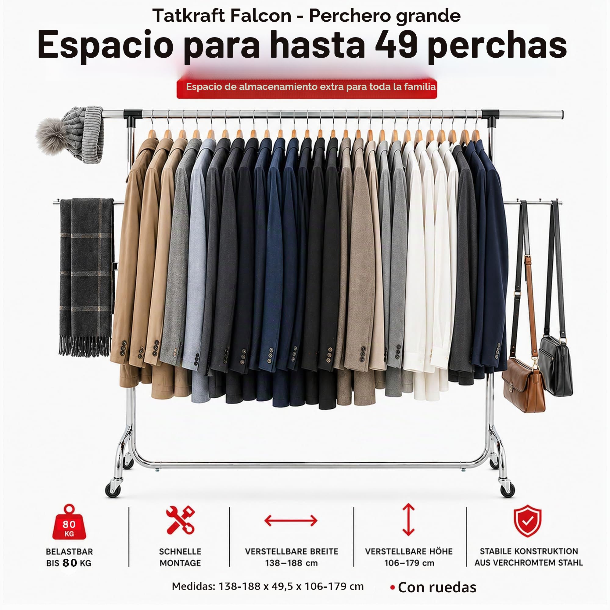 Tatkraft Falcon Perchero Grande con Ruedas de Acero Cromato, Perchero Burro Extensible, Regulable en Altura (137,5-187,5 cm) y Largo (106-179 cm), Fácil Montaje en 1 min