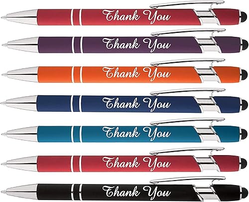 Las palabras "Gracias" impresas en nuestro bolígrafo Rainbow Soft Touch con punta de lápiz óptico es un elegante bolígrafo de metal premium, tinta