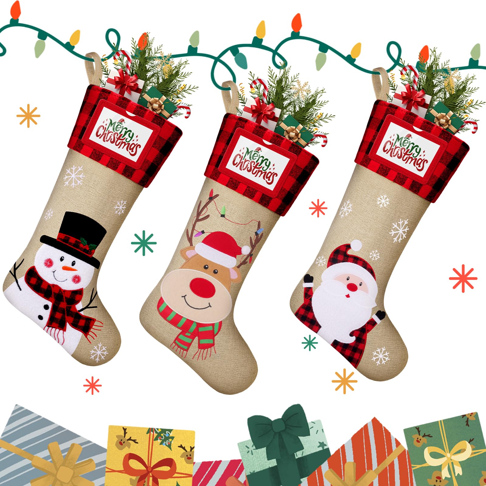DeckTheHalls Weihnachtsstrümpfe, personalisierbar, 48,3 cm, großer Weihnachts- und Familienstrumpf für Weihnachtsbaumdekoration, Kamin-Party-Dekoration, 3 Stück