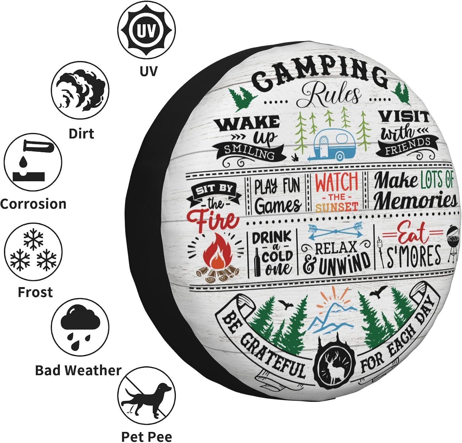 Spare Tire Cover for RV Camper Camping Rules, Weatherproof Universal Wheel Cover for RV Travel Trailer Camper Truck 15inch