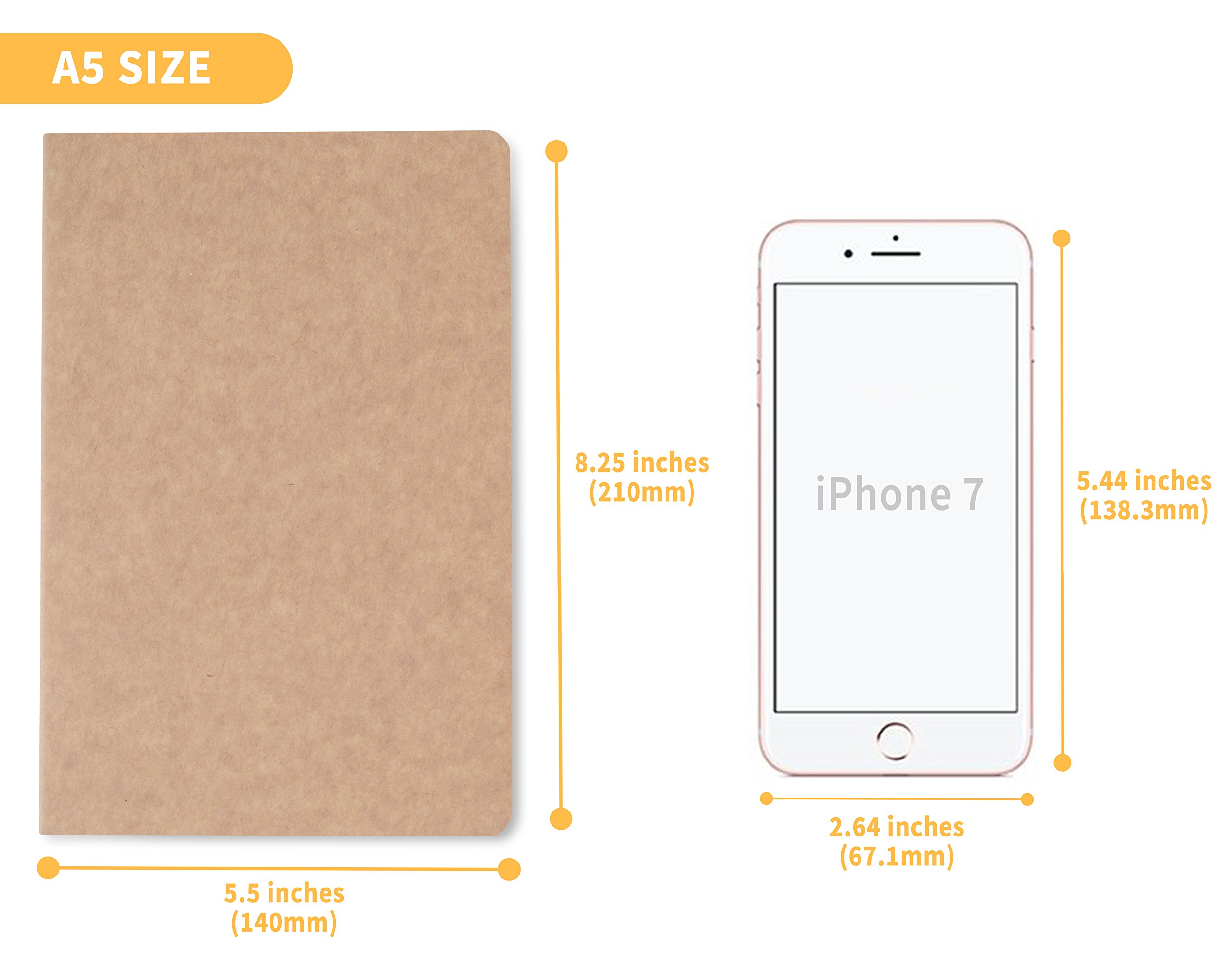 TWONE Travel Journal, 6 Pack Notebook Journal for Travelers Work School Writing Note Taking Kraft Brown Soft Cover A5 Notebooks 5.5” x 8.3”, 60 Square Grid Pages, 30 Sheets