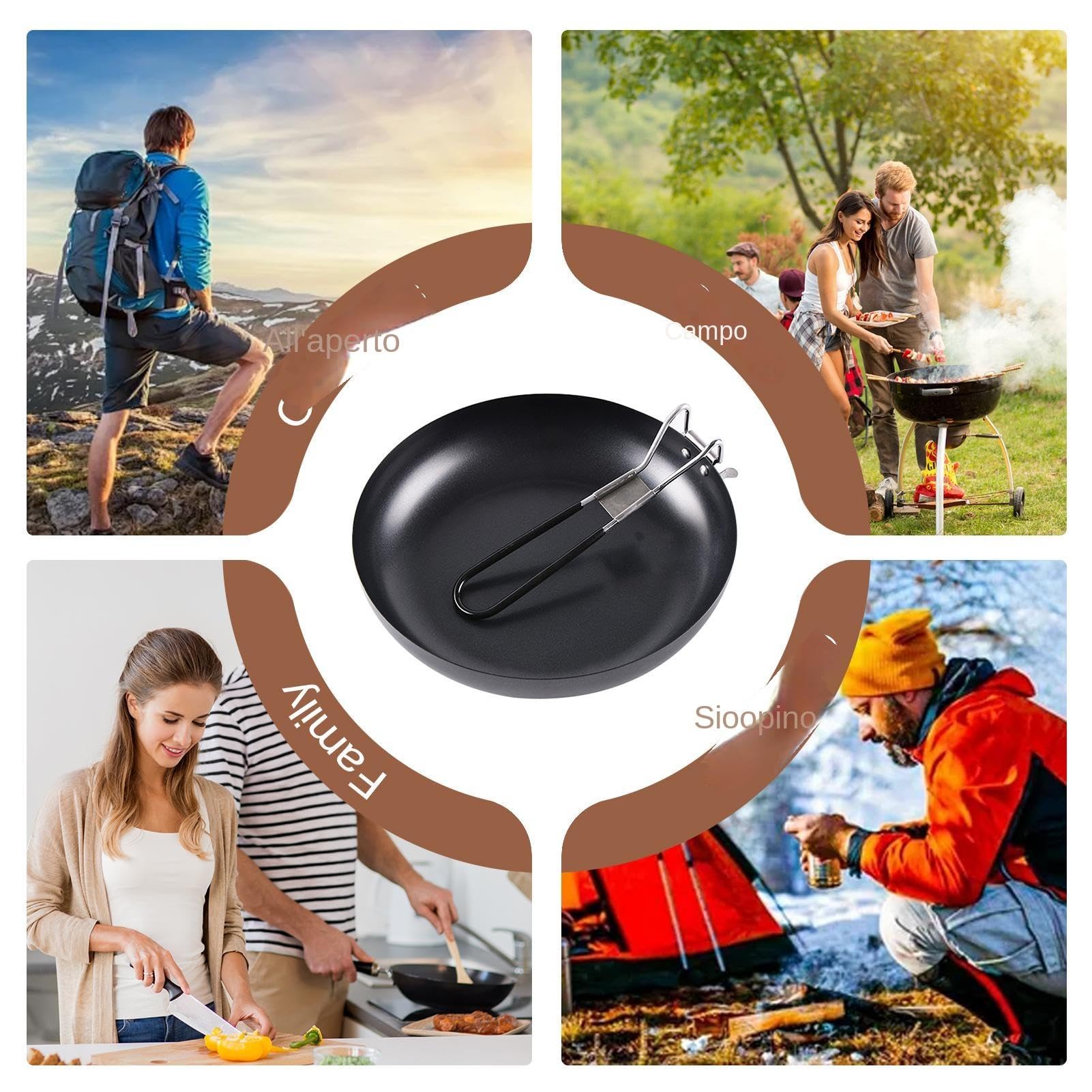 Padella Pieghevole per Esterni, Antiaderente, Rotonda, 24 cm, Nero, Lavabile in Lavastoviglie, Adatta per Campeggio e Picnic