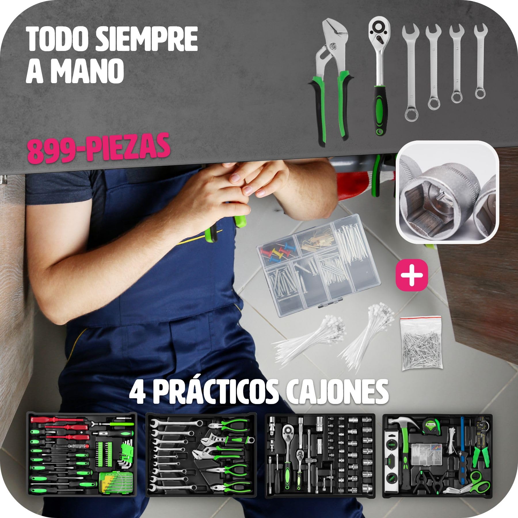tectake® Maletín Herramientas Profesional con 899 Piezas, Carro Herramientas con Asa Telescópica, Caja Herramientas Completa con 4 Niveles, Carro de Herramientas Taller Mecánico, Bricolaje - negro