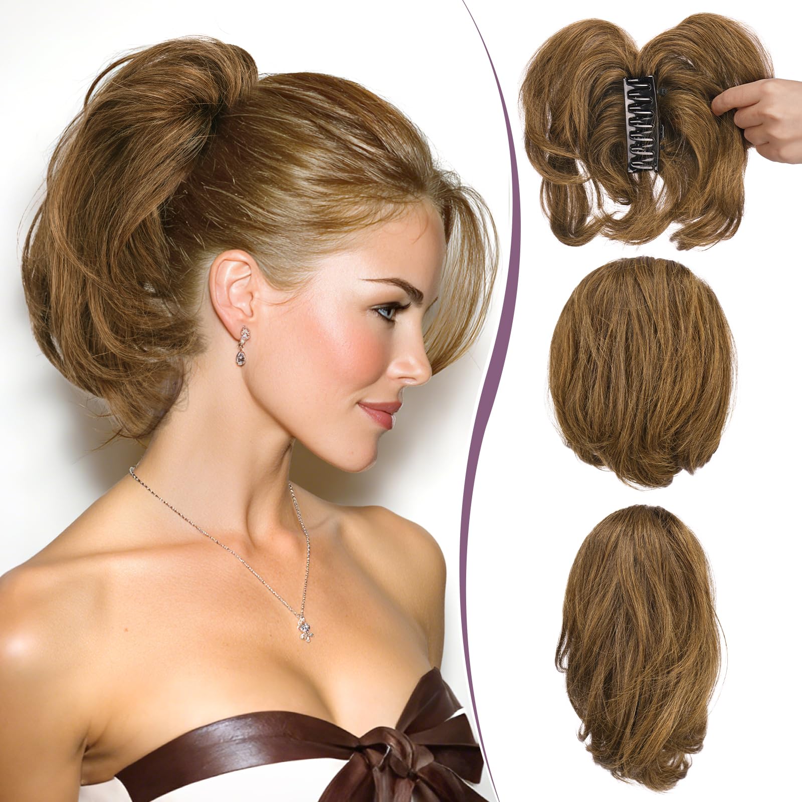 RUWISS Ponytail Cheveux Naturel avec Pince Humains pour Femmes, 22cm Courts Droite Postiche Chignon avec Métaux Malléables Extension Queue de Cheval Cheveux Brun Moyen
