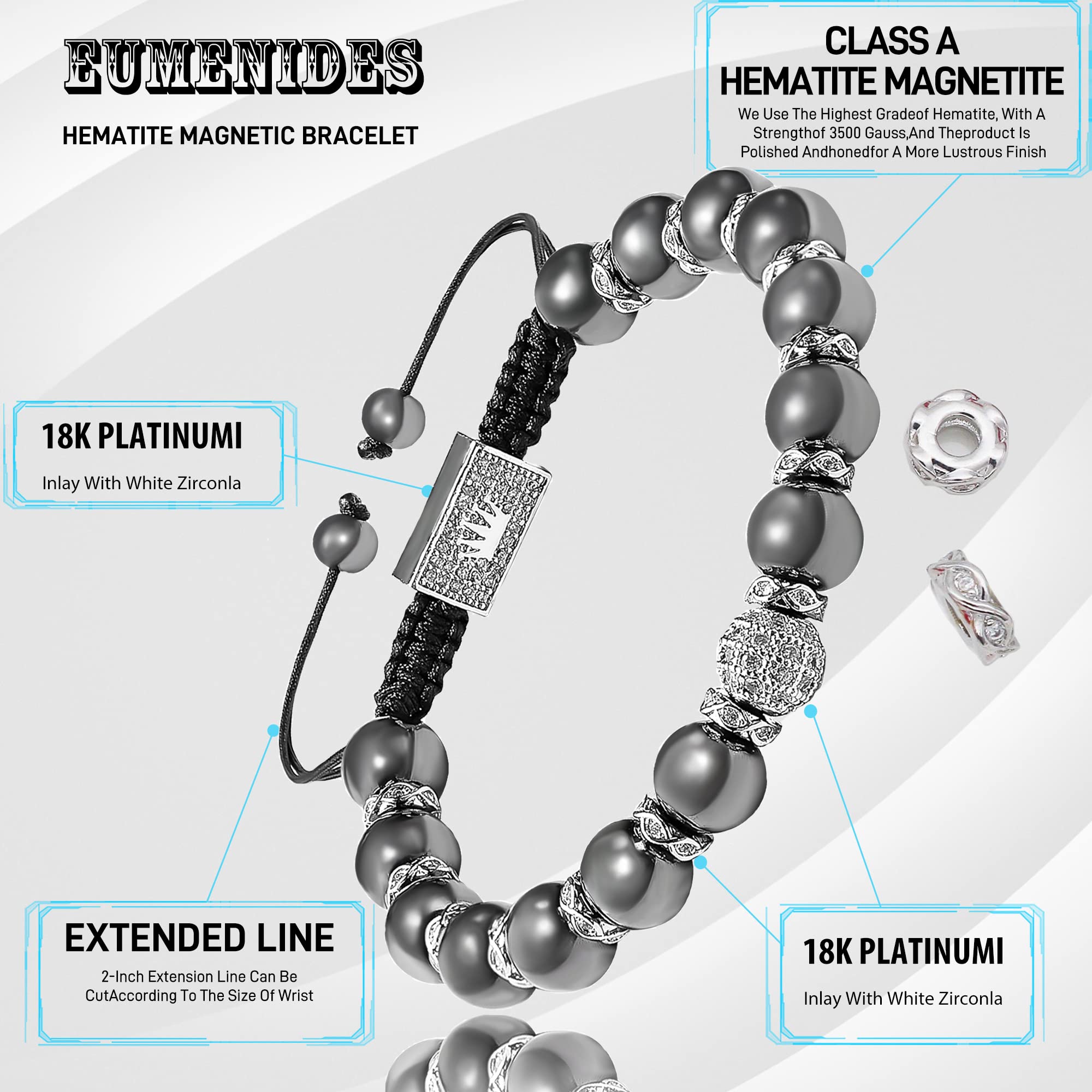 Bracciale magnetico in ematite d'oro, bracciale regolabile, elimina l'elettricità statica (Platino Zirconia，8MM)