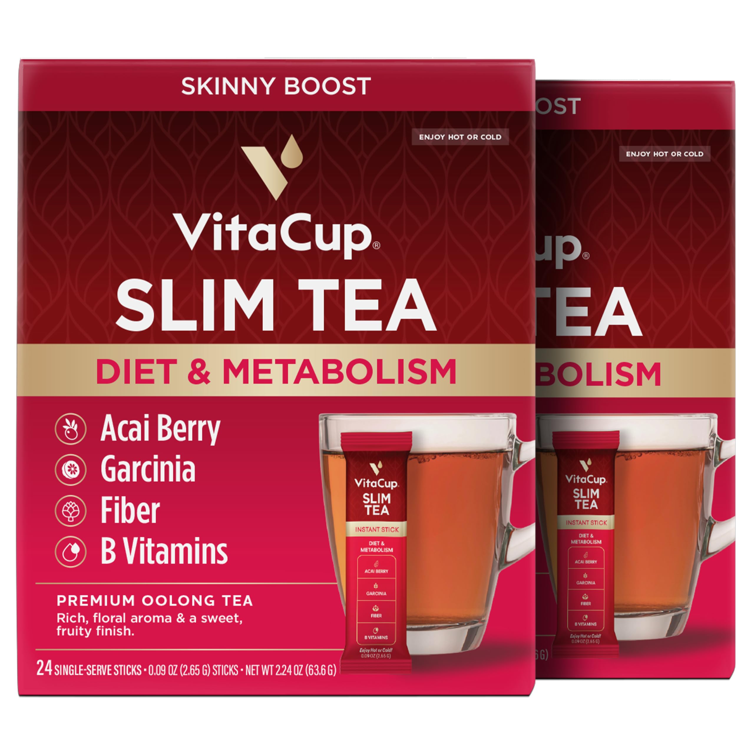 VitaCup Slim Instant Tea Packets for Diet Support, Oolong Tea w/B Vitamins, Garcinia, Inulin & Acai, On-The-go Instant Sticks, 48 Ct