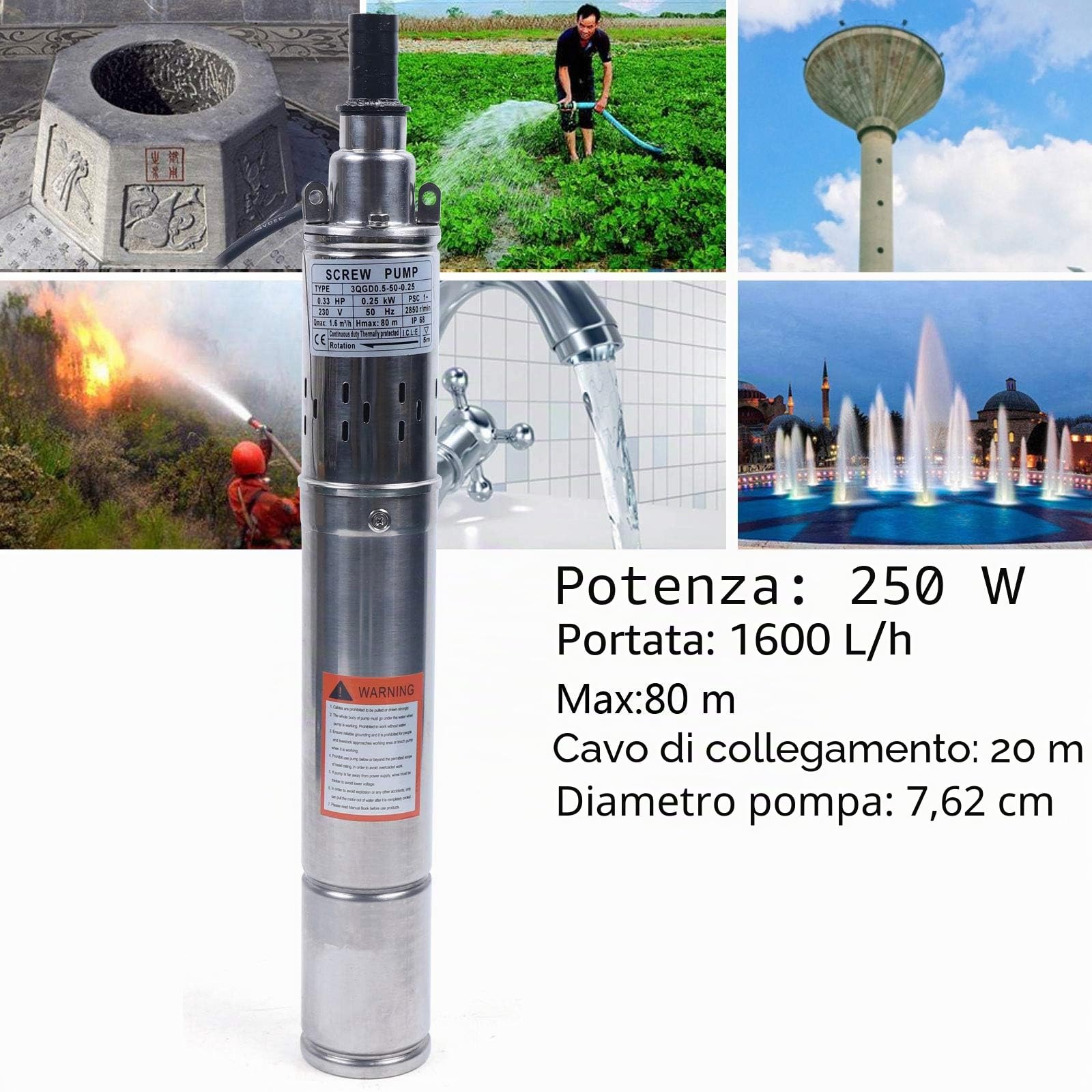 Pompa per pozzi profondi, 250 W, 3 pollici, acciaio inox, 1600 l/h, altezza di mandata 80 m