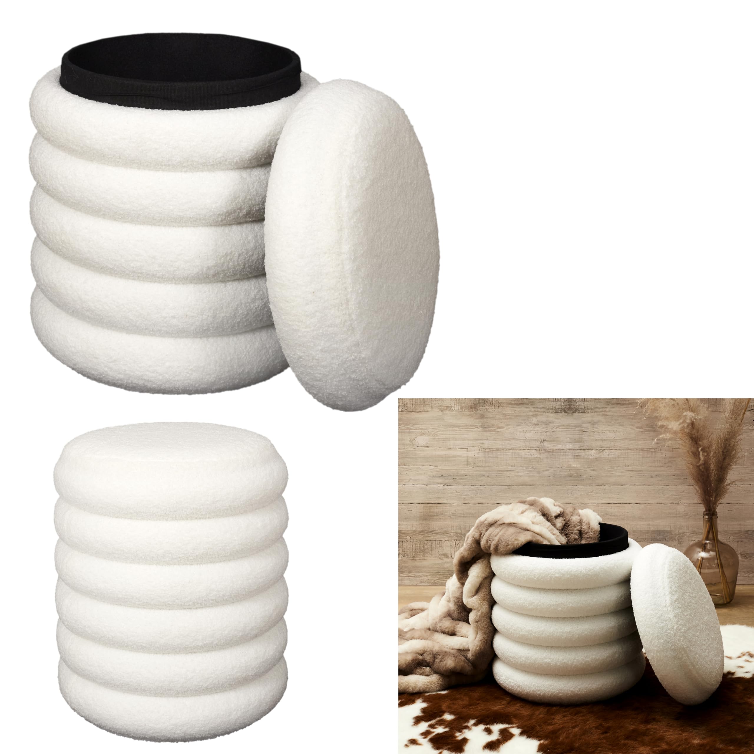 HOME DECO FACTORY Pouf de Rangement Bouclette Freya Assise et Coffre Blanc | Bois MDF et bouclette, pouf de rangement Freya, assise et coffre, salon ou chambre, 37x37x43,5 cm, blanc