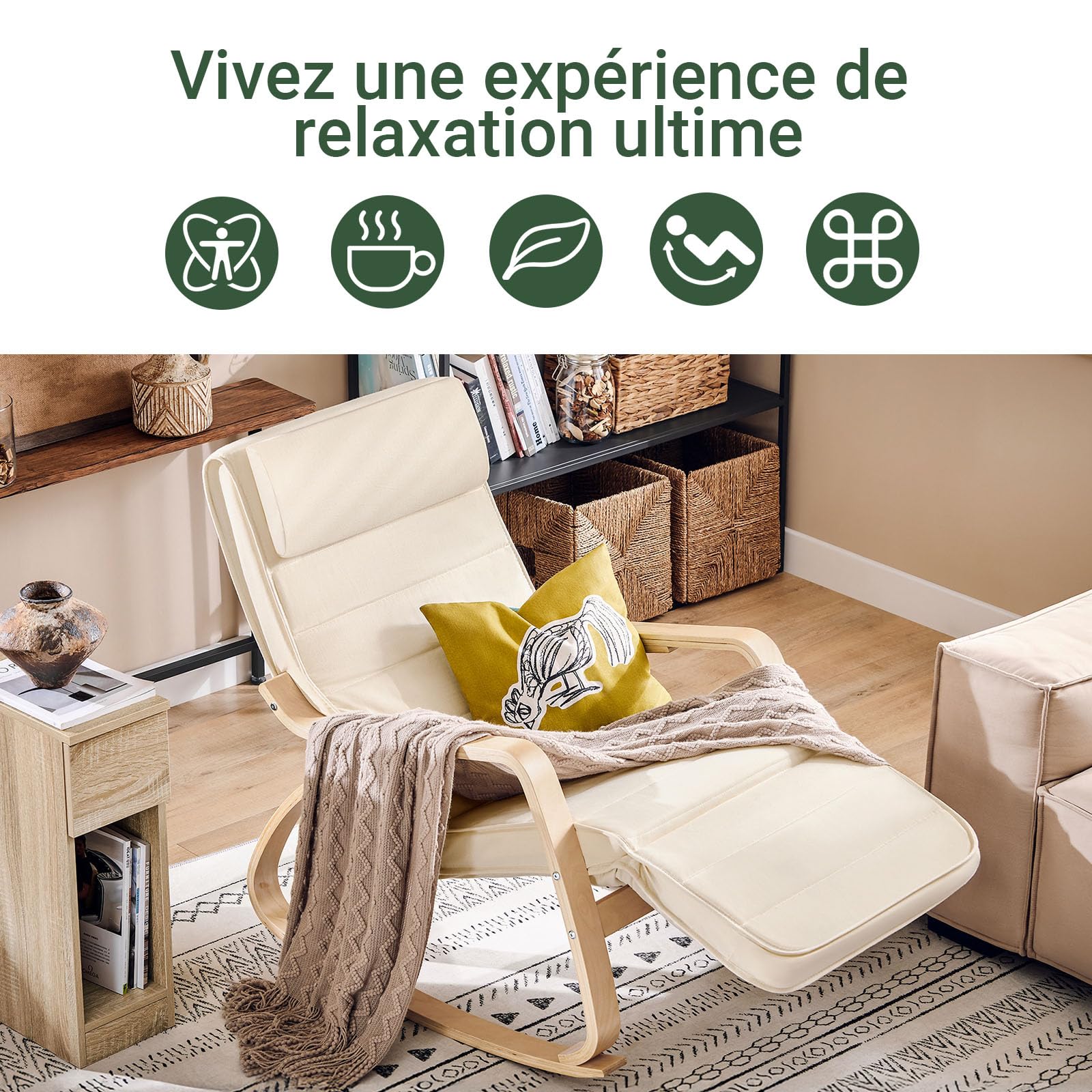 SoBuy Fauteuil a Bascule, Relax Rocking Chair, Chaise a Bascule avec Repose-Pieds et Appui-tête réglables, Beige FST16-W