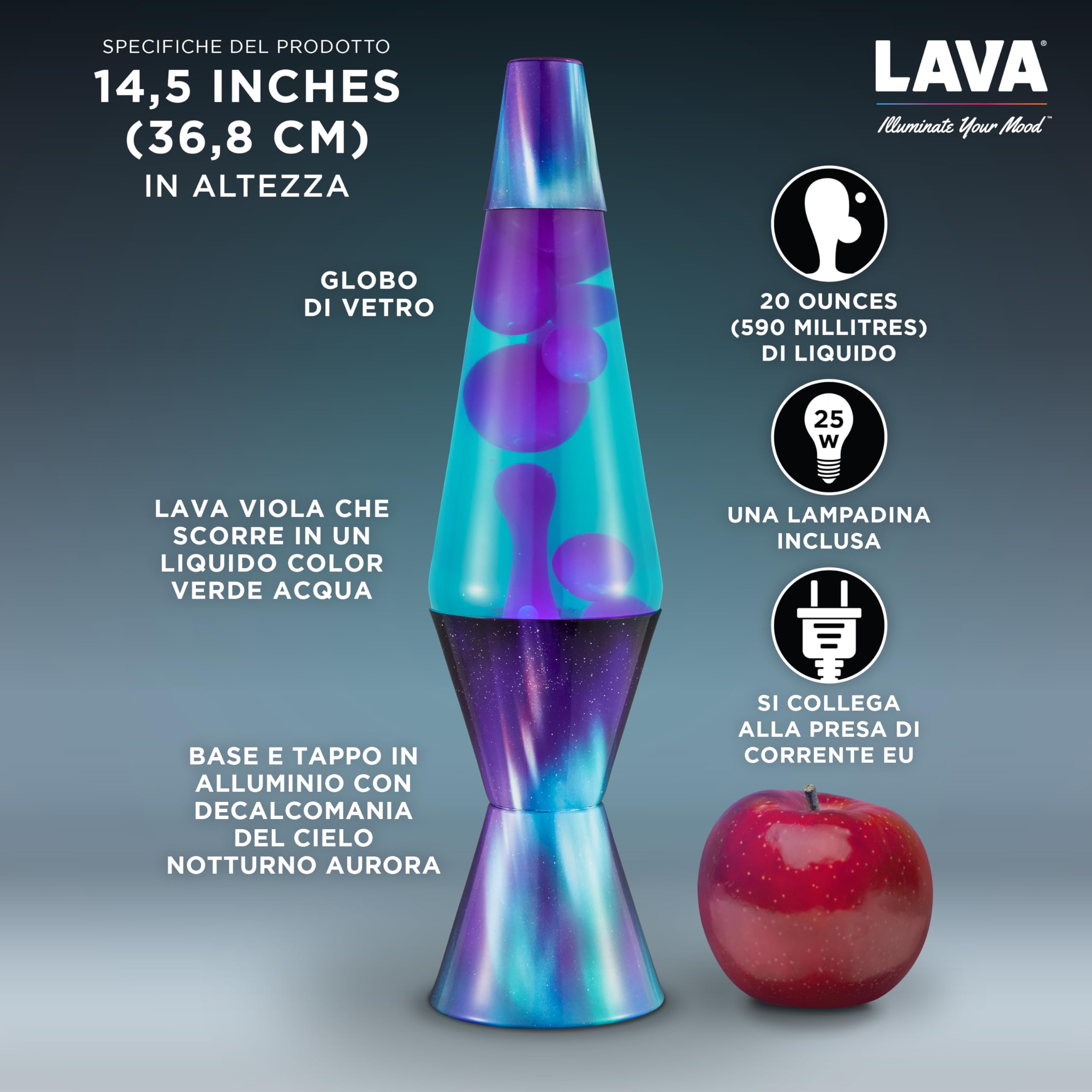 LAVA - Lampada Lava Aurora Borealis 2047, cera viola, liquido blu-verde, base decorativa e coperchio, originale 14,5 pollici lampada di movimento del marchio LAVA