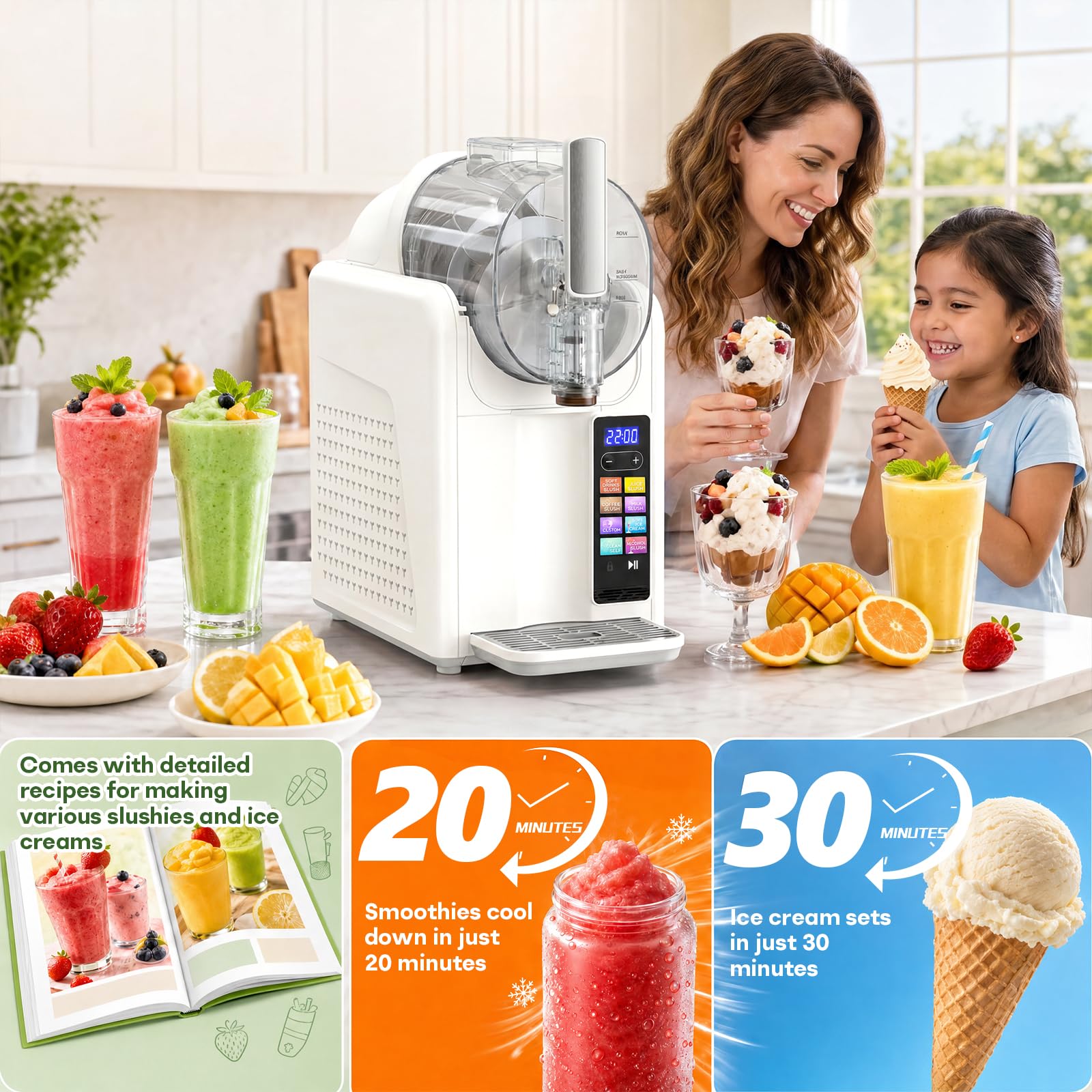 Slush Maschine eismaschine 2L Slushie,slushie maschine,Maschine mit LED-Display,7 voreingestellte Programme für Eiscreme, Smoothies, Milchshakes, Slush-Cocktails und Margarita （Weiß） (Weiß)