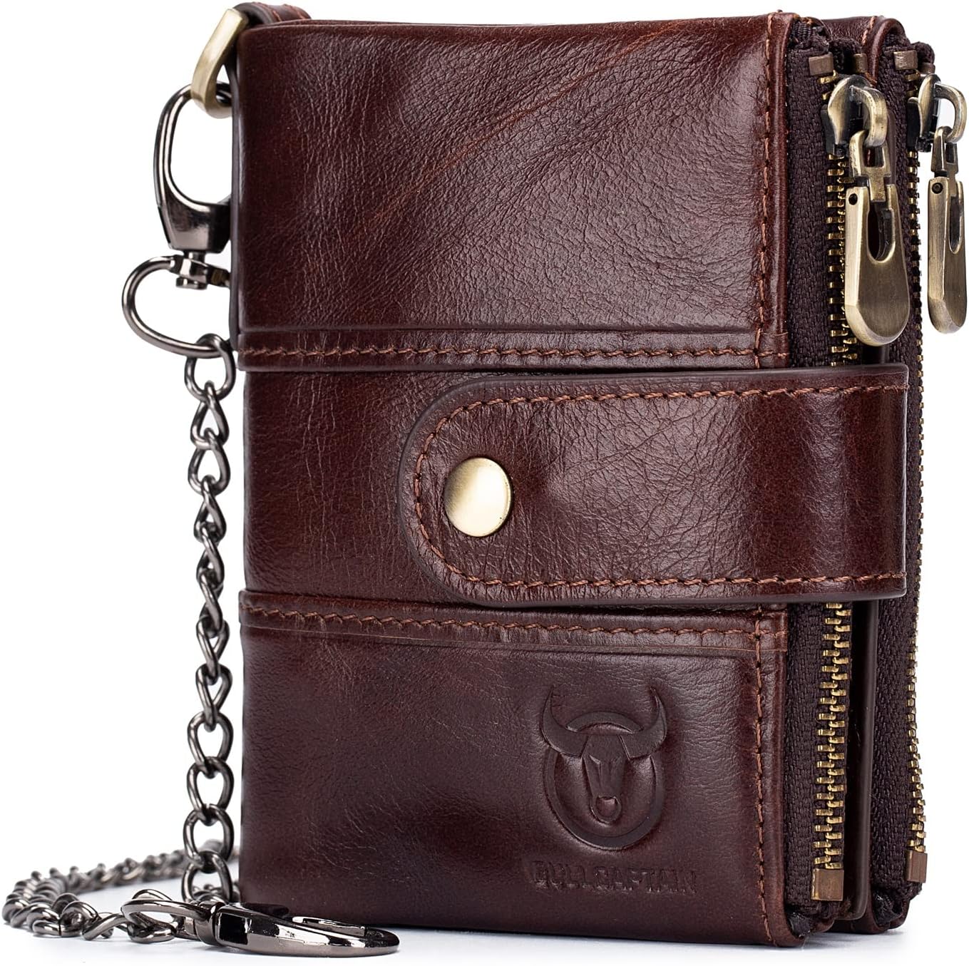 BULLCAPTAIN Genuine Leather Men Wallet with Anti-Theft Chain Large Capacity Double Zipper RFID Coin Purse with 2 ID Window, Brown, 4.72"x3.54'x0.98", Classic
