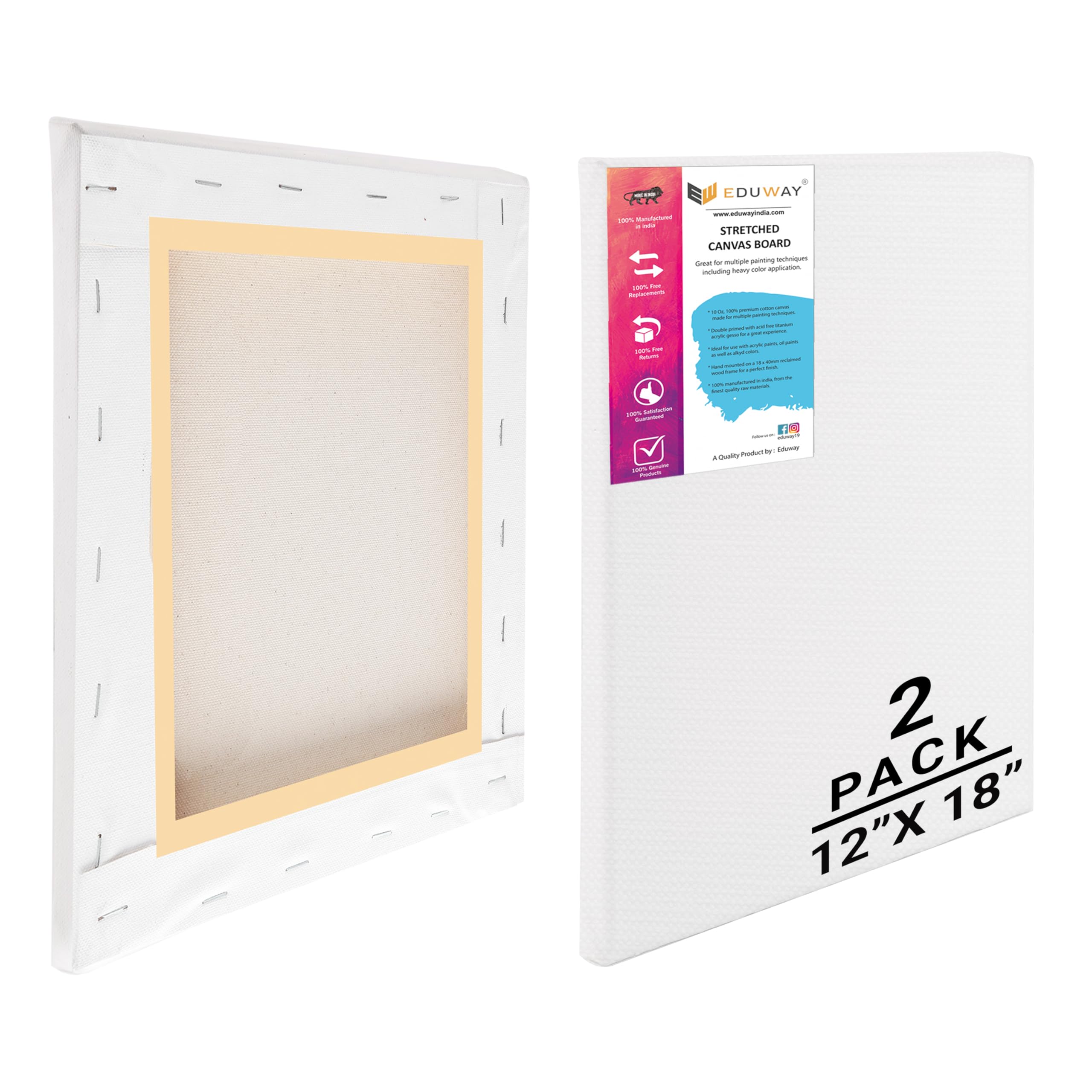 Eduway® Wstępnie rozciągnięte płótno malarskie o wymiarach 30 x 45 cm, średnio ziarniste, 200 ml, z drewnianą ramą dla początkujących i artystów, odpowiednie do akrylu, oleju, farb wodnych - (zestaw 2