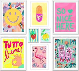 ARTFAVES® Poster Set - DOPAMINE DECOR FUN - mehrteilige Wanddeko Wohnzimmer & Schlafzimmer - 8 moderne Wandbilder sommer, frühling, bunt, abstrakt, kunst, modern - mit Rahmen Weiss