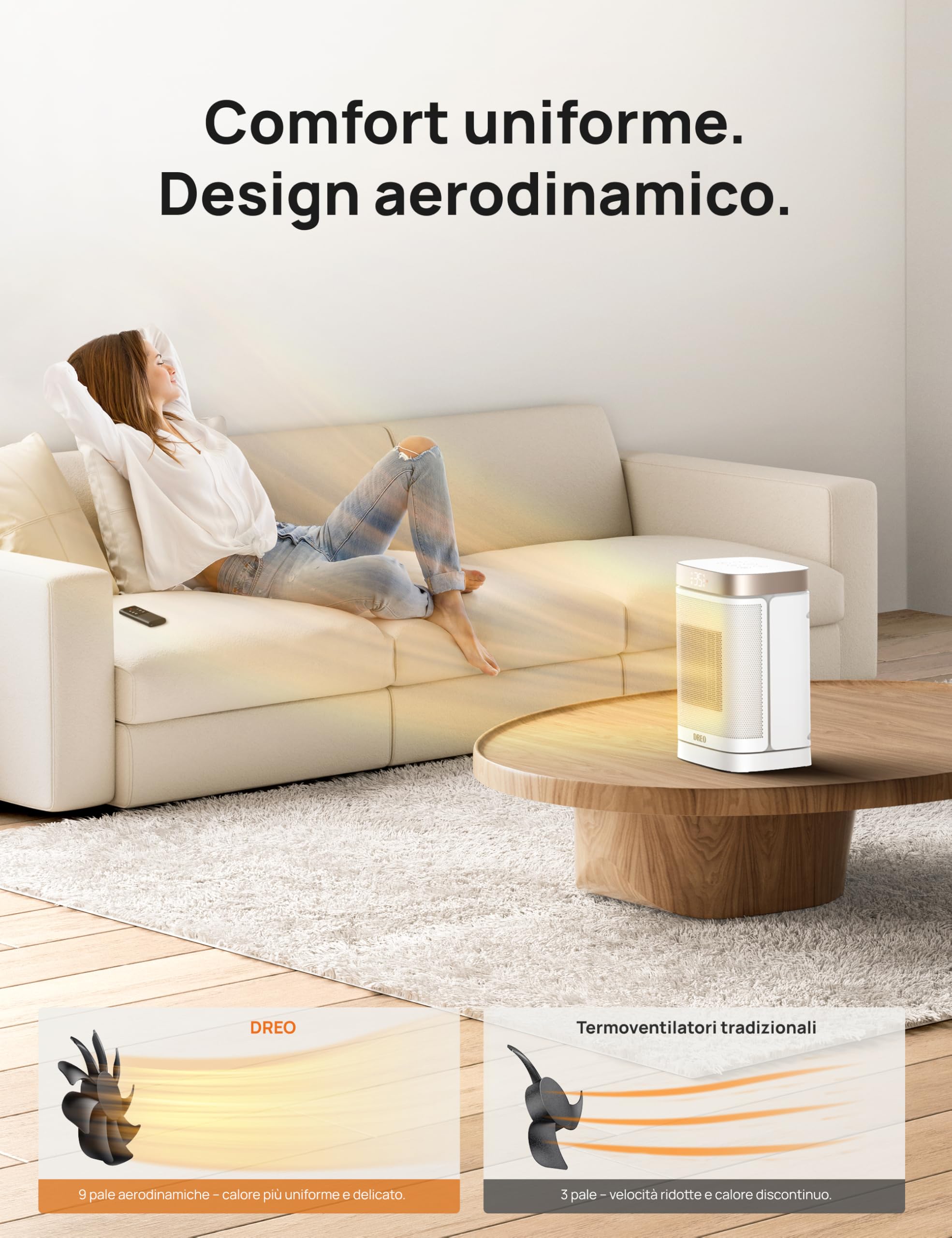 DREO Termoventilatore a risparmio energetico, silenzioso, riscaldamento elettrico da 1500 W, con telecomando, riscaldamento elettrico oscillante a 70°, timer da 12 ore, 3 modalità 3 velocità