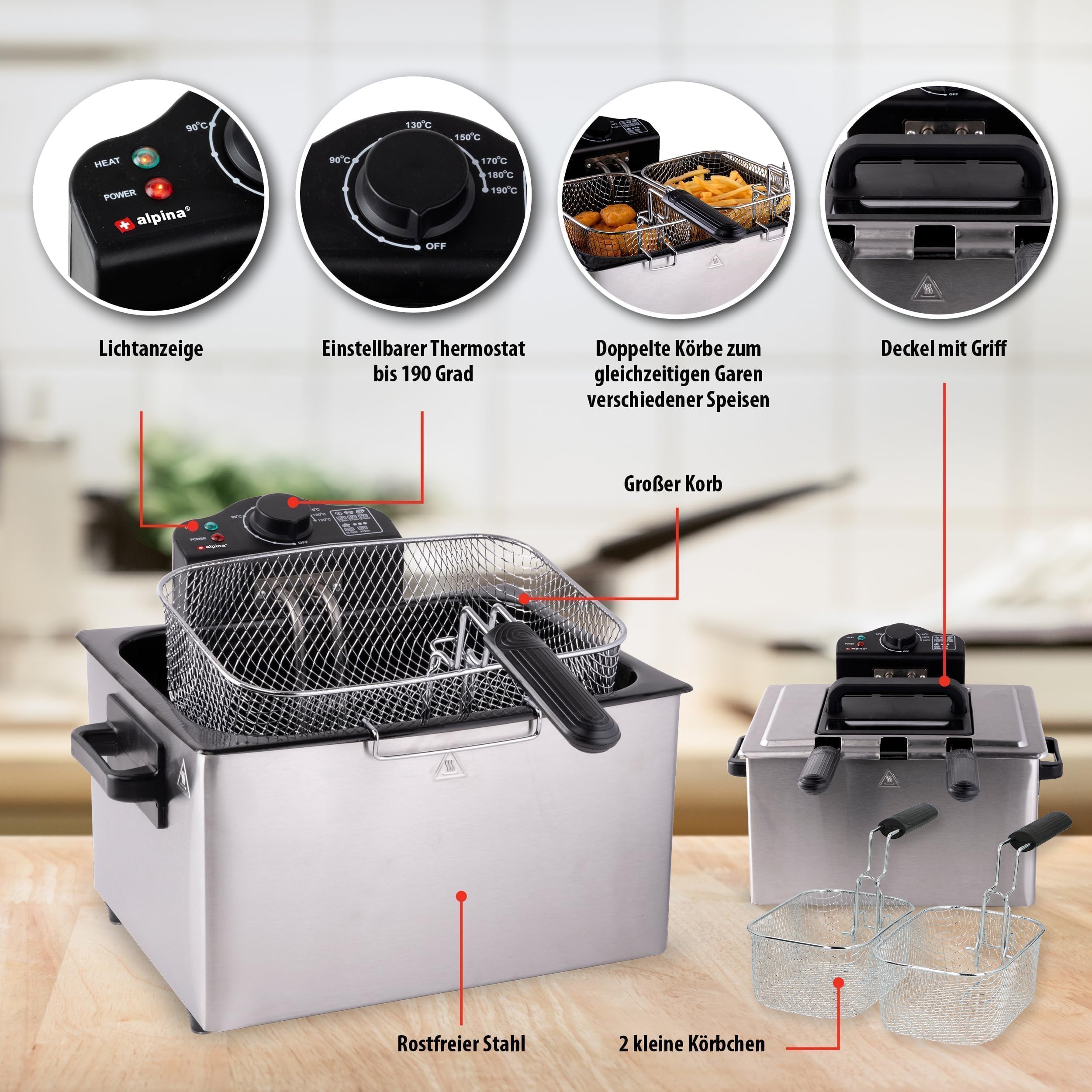 Alpina Friggitrice – 3 cestini – 5 litri – 2000 Watt – Termostato fino a 190 °C – Anti-riscaldamento – Acciaio inossidabile