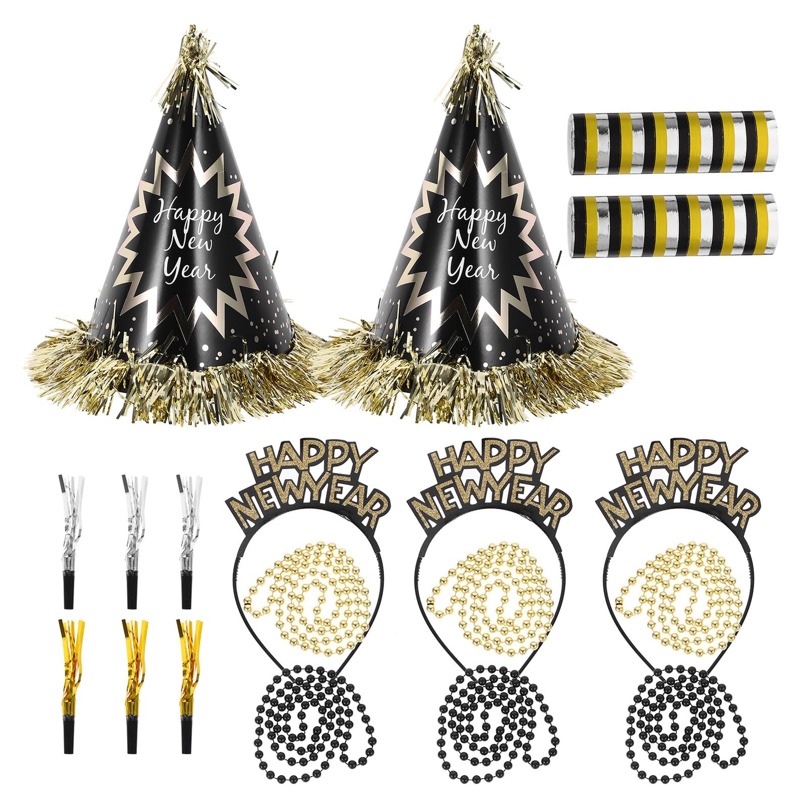 Neujahrs-partyset Silvester-deko Kegelhüte mit Quasten Kopfbänder Halsketten Krachmacher Schwarz-gold für Festliche Jahresendfeiern und Foto Requisiten