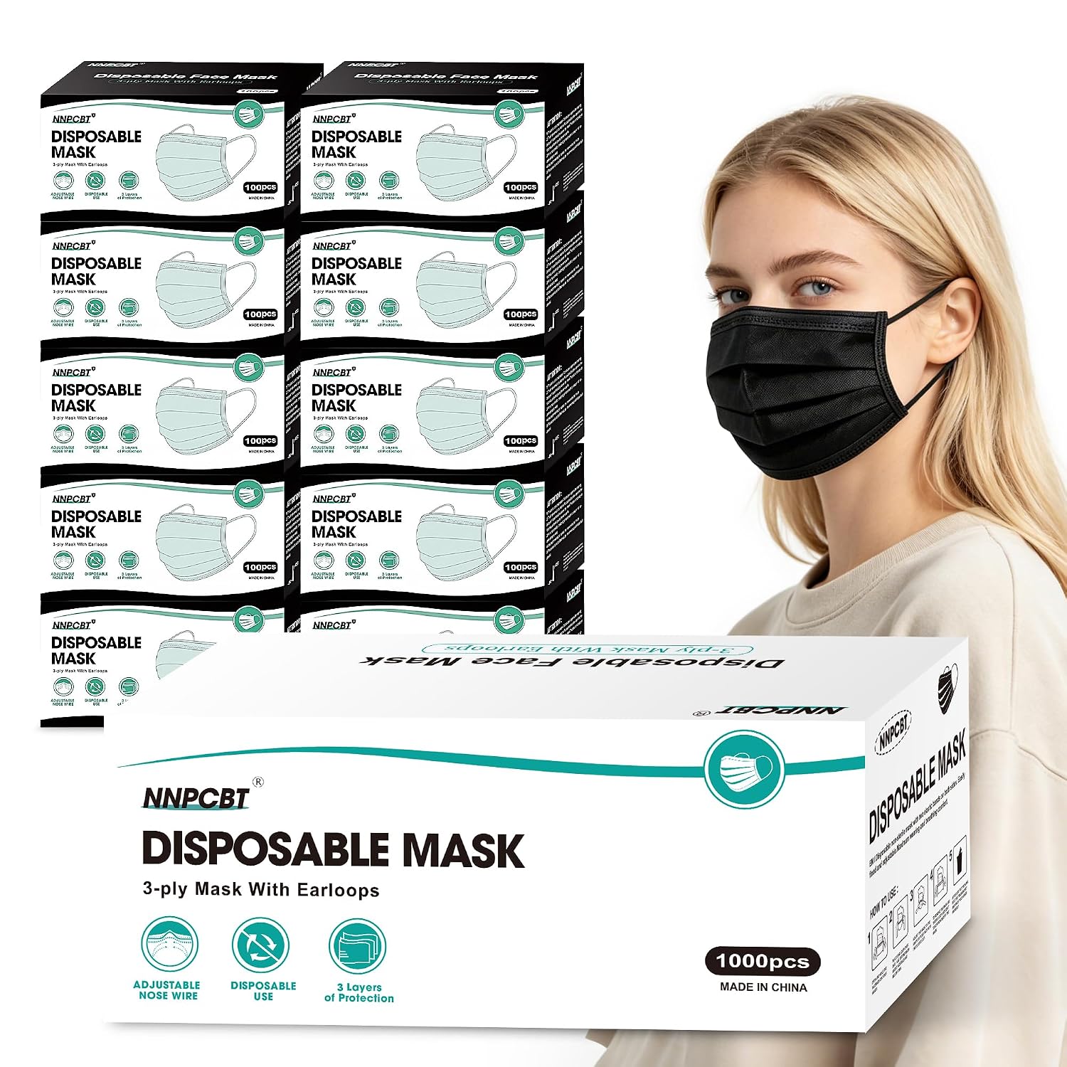 NNPCBT 1000 pcs Black Disposable Masks, 3 Ply Breathable Face Masks for Adults, Black Mask Indoor Outdoor
