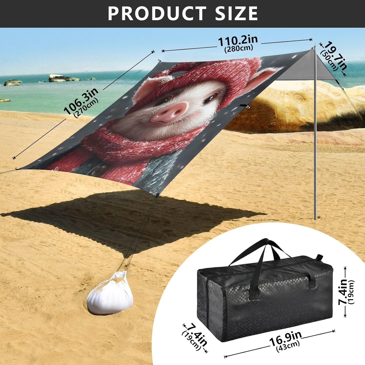 ALAZA Christmas Piggy Beach Tent Sun Shelter UPF50+ Protection Beach Shade Canopy w/ 4 Sandbags for Outdoor Camping, Fishing, Backyard Fun, Picnic, 10x9 ft
