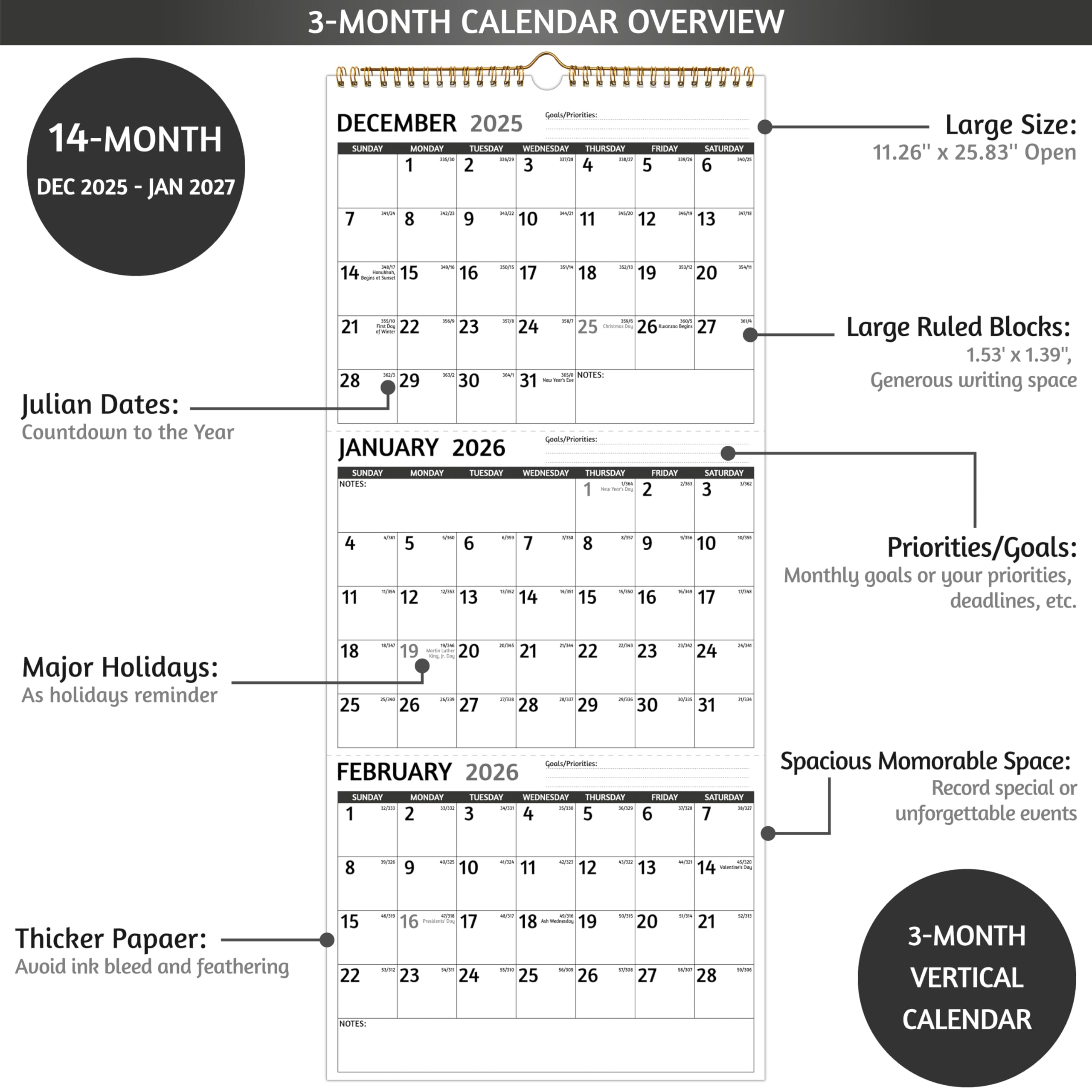 Amazon.com: 2026 Wall Calendar - 3 Month Calendar 2026 Vertical