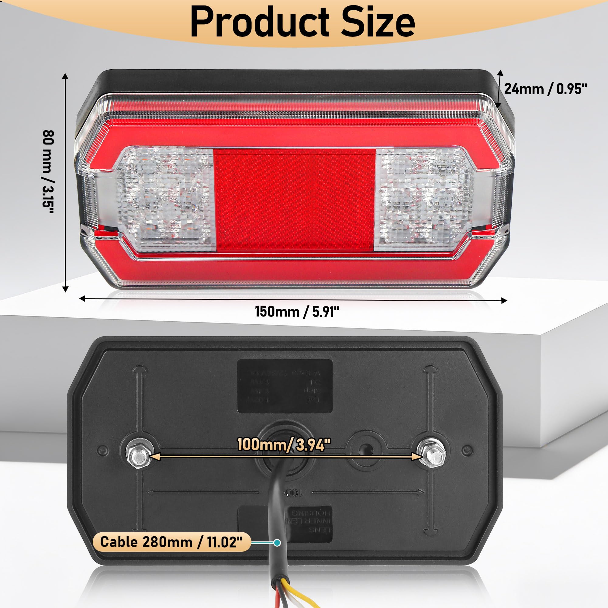 2 x Rettangolare Luci Posteriori Rimorchio LED 12V/24V Omologati E9 Luce Fanale Posteriore Impermeabile per Rimorchio Camion Trattore Caravan Barca, 4-in-1 con Luce di Posizione e Freno