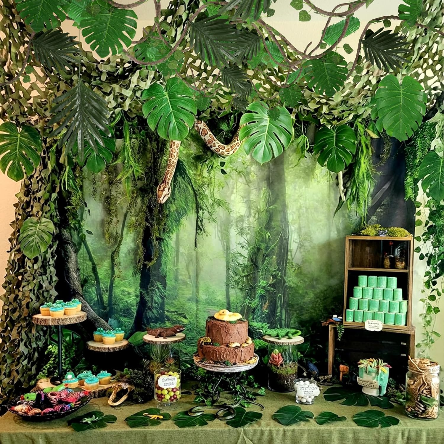 Bucherry 1 Set/23 Pcs Jungle Party Decoration 10 x 13 ft Netting with Tropical Rainforest Theme Leaves Artificial Greenery Garland Vine for Hawaiian Luau Rainforest Party Decoration Indoor Outdoor