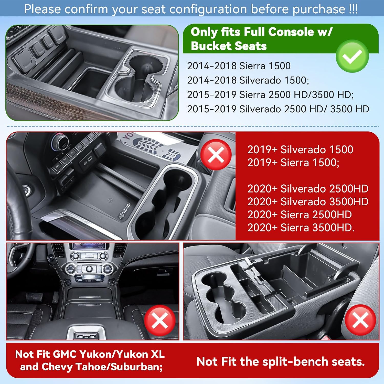 EDBETOS Center Console Organizer Tray Compatible with 2014-2018 Chevy Silverado/GMC Sierra 1500 Accessories 2015-2019 Silverado/Sierra 2500HD/3500HD Compartment Storage,Full Console w/Bucket Seat ONLY