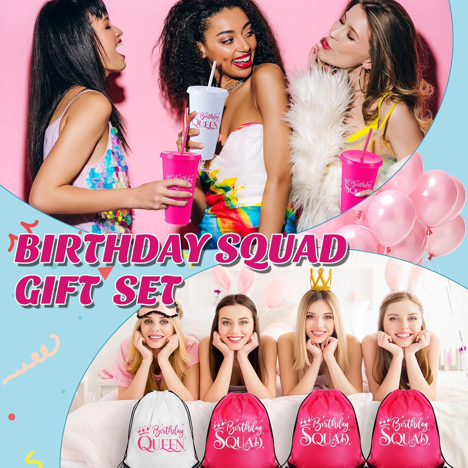 18 Pcs Birthday Squad Party Favors Kits for Women, 6 Sets Birthday Queen 24 oz Plastic Tumblers with Lid and Straw Squad Drawstring Bags Sashes for Girls Sweet Party Favors(rose Red + White) - Image 6