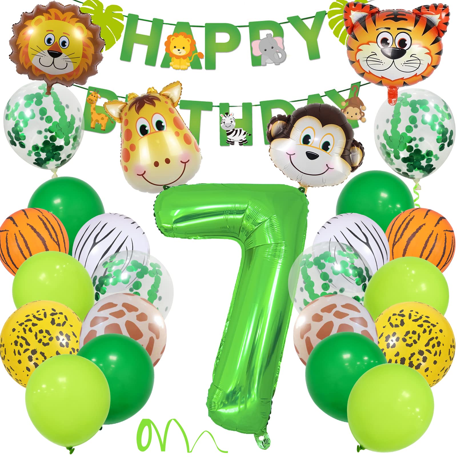 7 Anni Decorazioni Compleanno, Addobbi per Feste Verde Safari Animali della Giungla con Palloncini Animali Safari Striscione Buon Compleanno 40'' 7 Palloncino Foil Verde per Bambino Ragazza Ragazzi