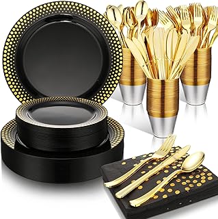 Nuenen 210 Pcs Plastic Dinnerware Set for 30 Guests Gold Dots Disposable Tableware Include 30 Dinner Plates, 30 Plates, 30 Forks, 30 Knives, 30 Spoons, 30 Cups, 30 Napkins for Birthday Wedding (Black)