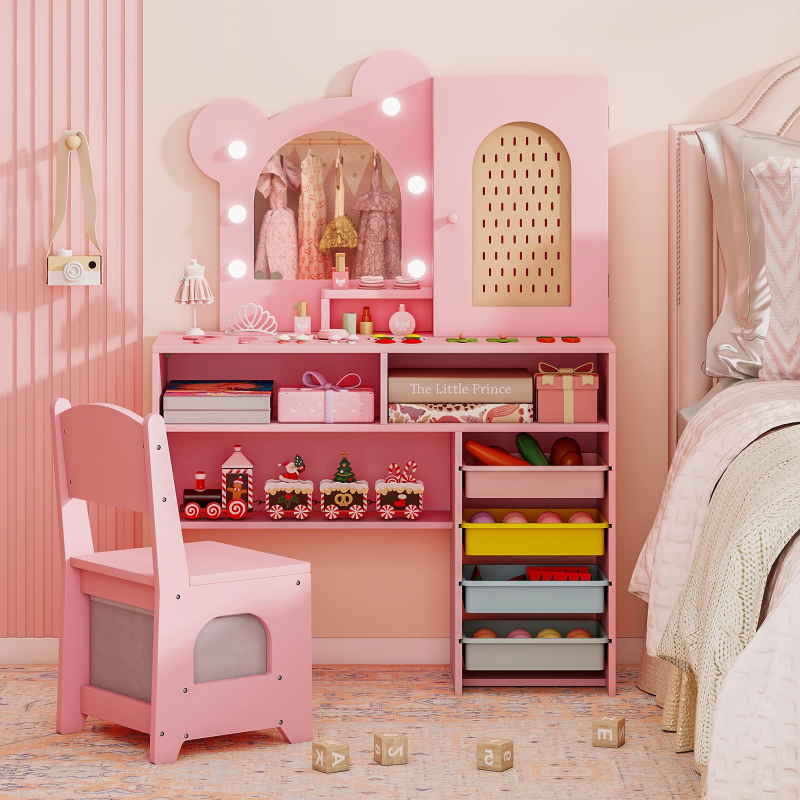 RELAX4LIFE Toeletta Trucco per Bambini con Luci, 3 Colori e Luminosità Regolabile, Set di Tavolo e Sedia on 5 Cassetti e 2 Scomparti, Postazione Trucco per Bambini 3+ Anni (Rosa)