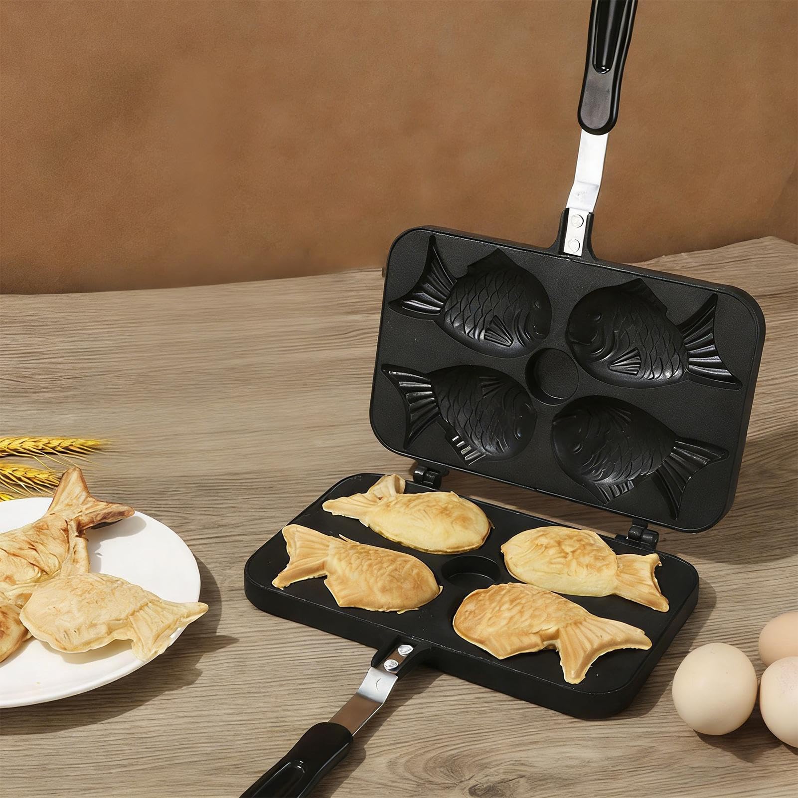 Taiyaki Maker, in lega di alluminio a 4 cavità, macchina per waffle in lega di alluminio, per casa, appartamento, cucina, viaggi, picnic, campeggio, cucina all'aperto, cottura