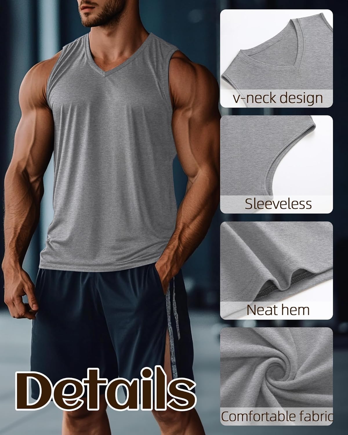 Ficerd 3 Pack Men's Big and Tall Workout Tank Tops, V Neck Sleeveless Gym Muscle T-Shirts Athletic Tee Summer Vest Top - Image 5