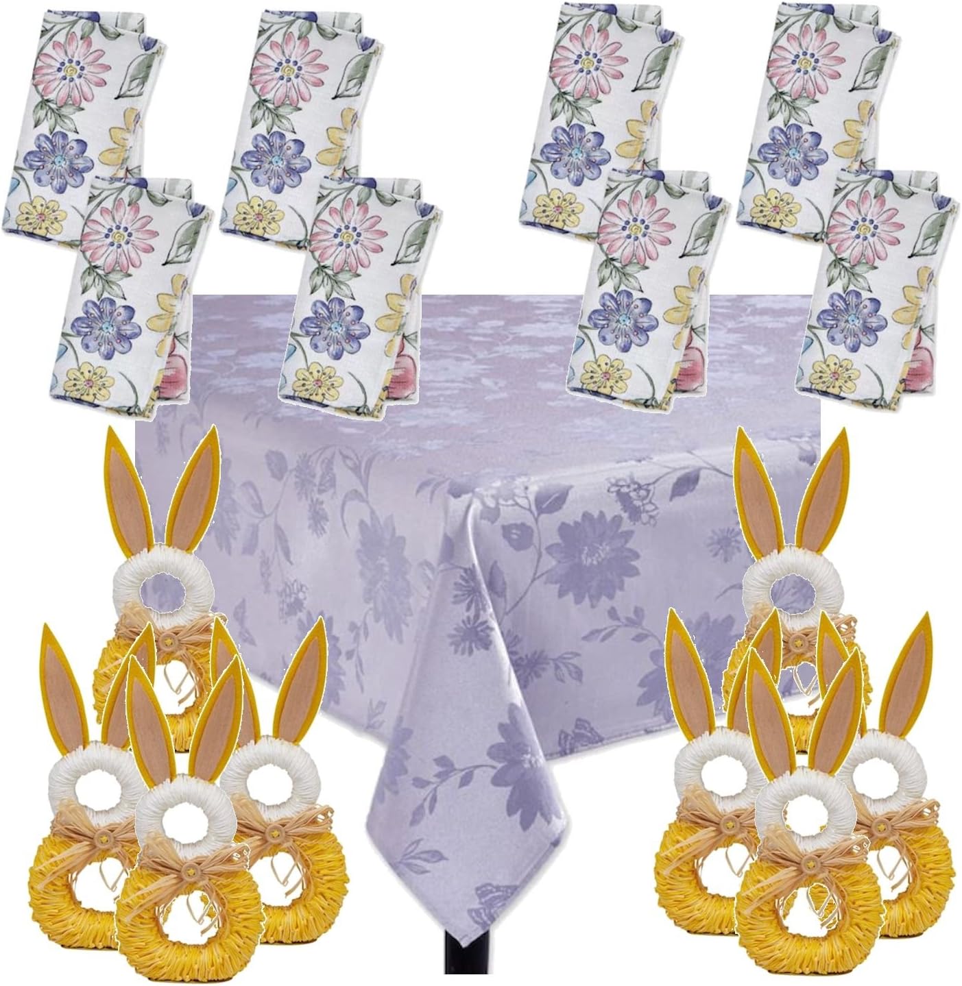 Emersoli Intl Spring Easter and Summer Lavender Purple Tablecloth 60" x 84", 8 Matching Floral Napkins, and 8 Bunny Napkin Rings Bundle 17 Piece Set
