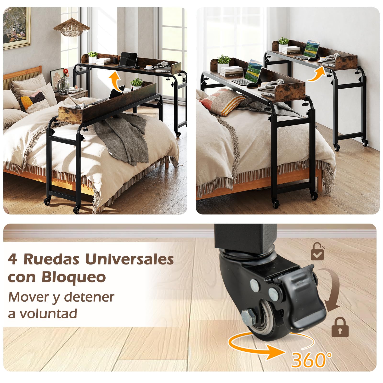 GYMAX Mesa de Cama Rodante Ajustable, Escritorio Móvil Versátil de 117 X 35 CM, Altura y Anchura Modificables, Compatible con Varias Camas, Diseño Industrial Moderno, para Hogar, Oficina, Hospital