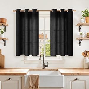 YoungsTex Black Linen Curtains 40 Inch Length for Kitchen Window 2 Panels