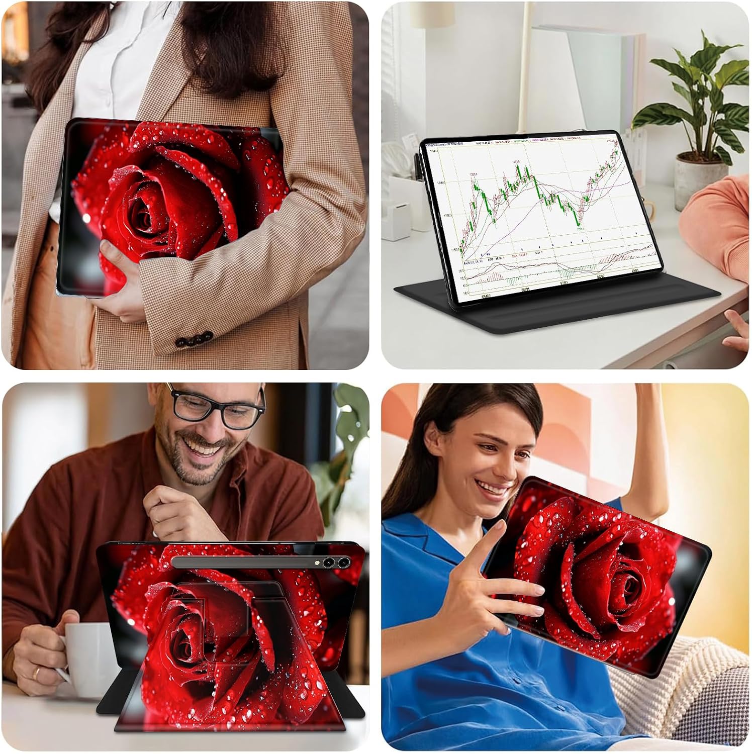 Case for Samsung Galaxy Tab S10 Plus/S9 FE Plus/S9 Plus 5G Tablet 12.4",360 Degree Rotating Smart Cover Case with S Pen Holder & Auto Sleep/Wake-Beautiful Red Roses