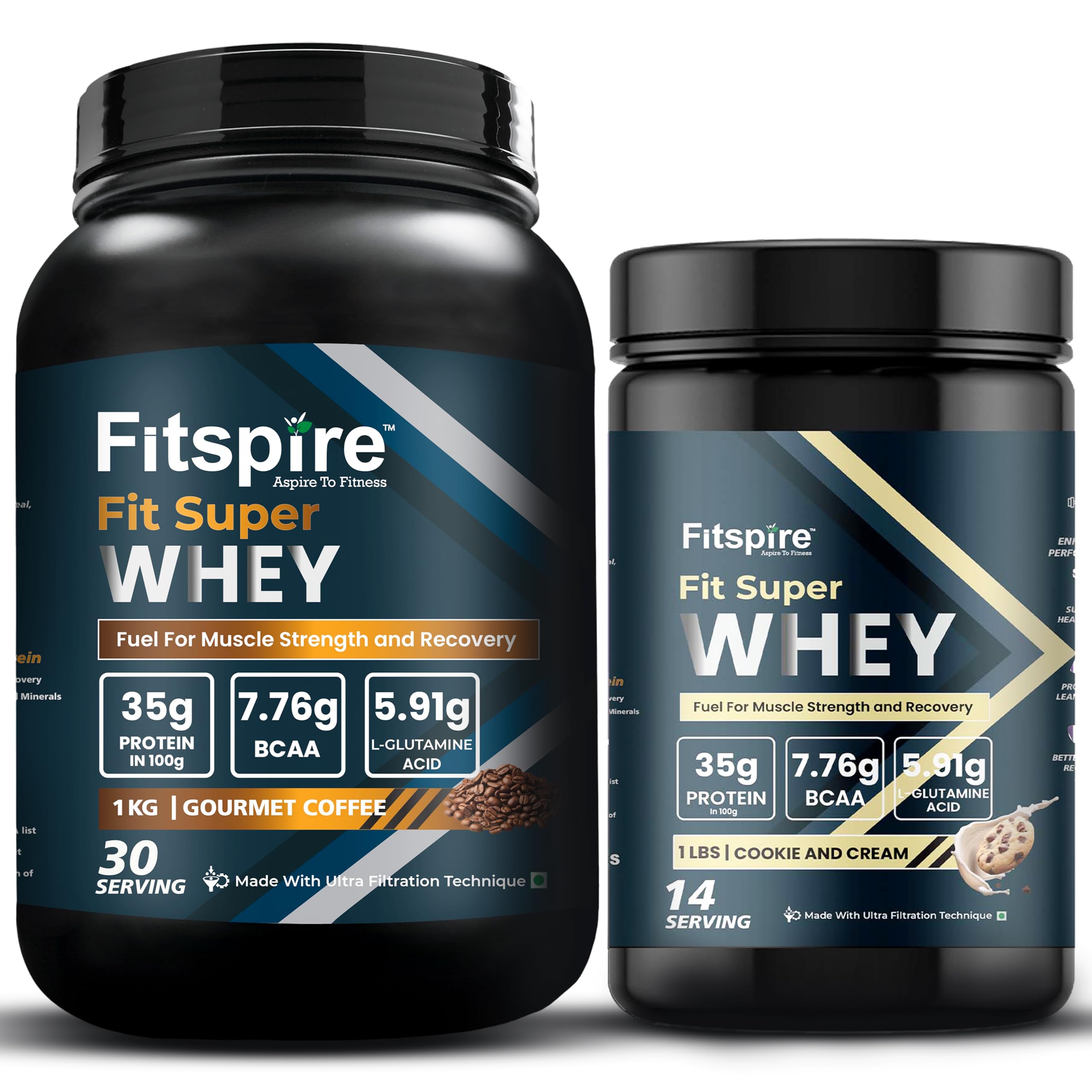 Fitspire Fit Super Gourmet Coffee Whey Protein Powder 1kg (35g Protein Per 100g) with Fit Nitra Cookie Cream Whey Protein 1 Lbs | Zero Added Sugar | Enhanced with Digestive Enzyme Blend