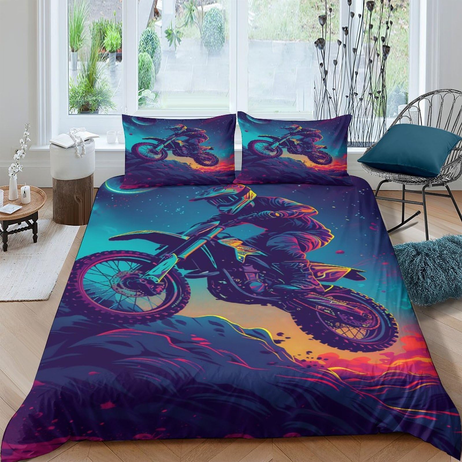 Ctjqhvkz Style-6 3D Printed Motocross Sunset Fitted Sheet Microfiber Soft Vibrant Motorcycle Bed Cover For Bedroom Dorm Protection Decor Single（135X200cm）