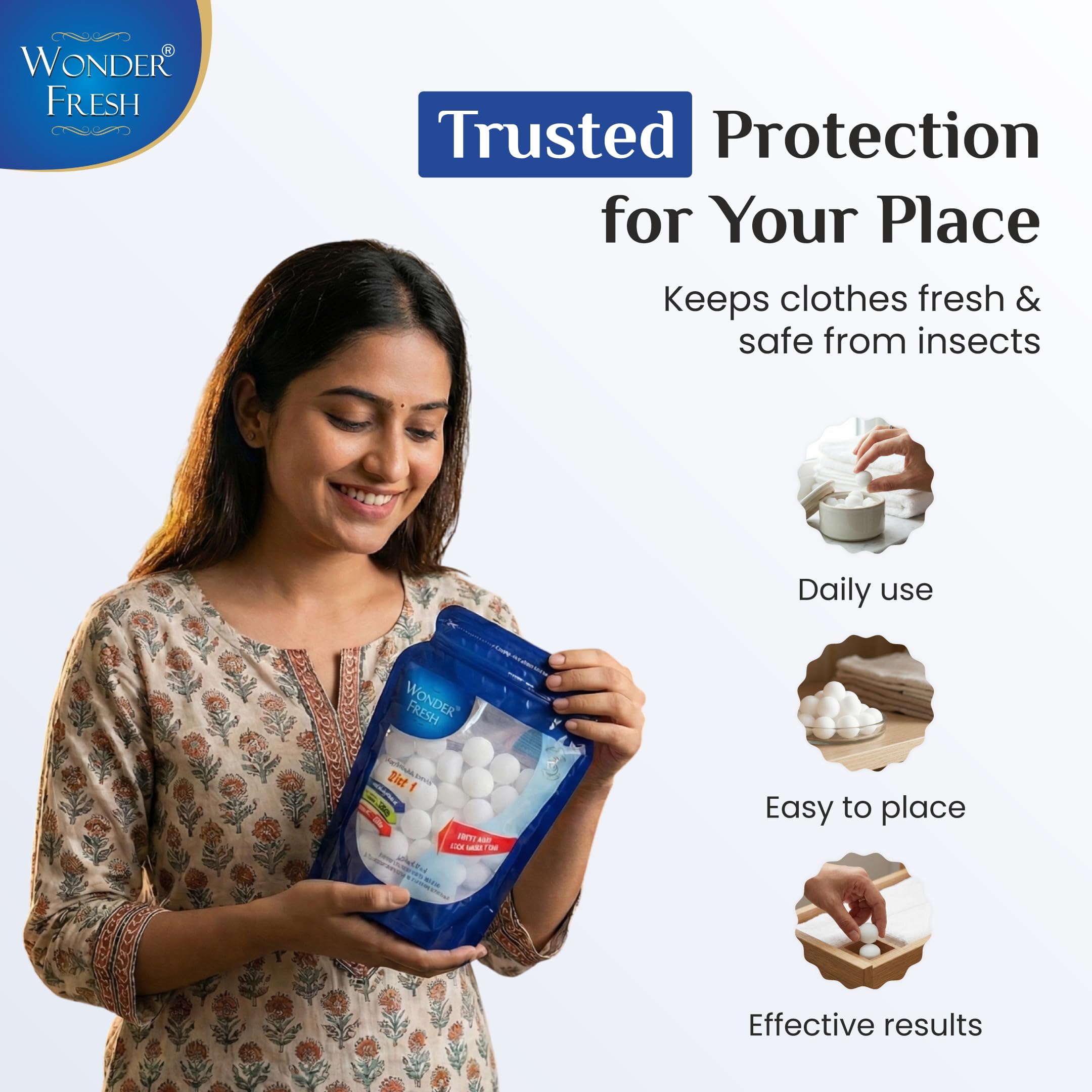Wonder Fresh Naphthalene Balls | Phenyl Goli | Mothballs for Home & Commercial Use | Naphthalene Balls for Wardrobe, Bathroom, Bookselves, Drawers, Wash Basin - 200g (Pack of 4) White