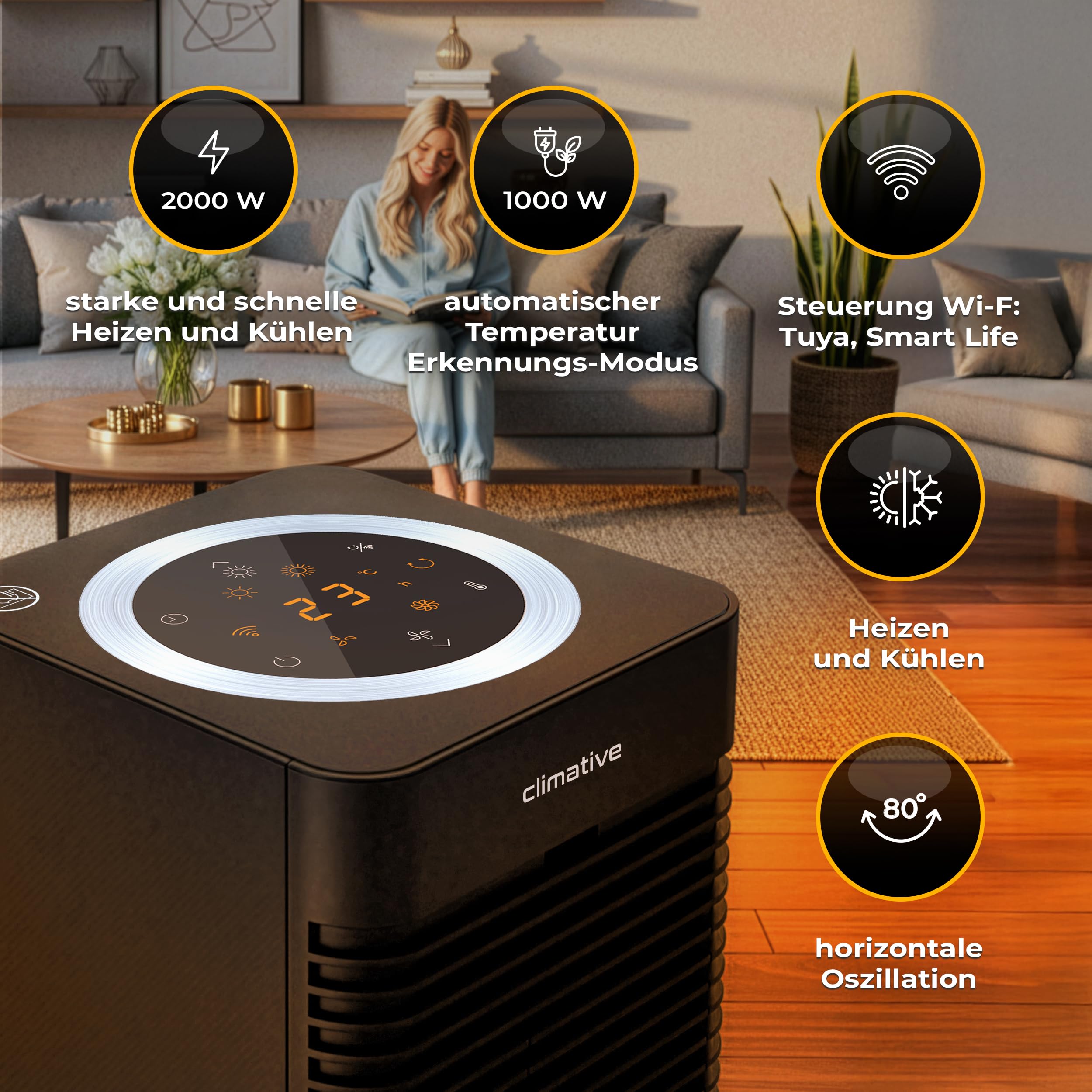 Turmventilator 2in1 Kühlen & Heizen, 2000W PTC Keramik, WiFi Standventilator mit Fernbedienung, Oszillation