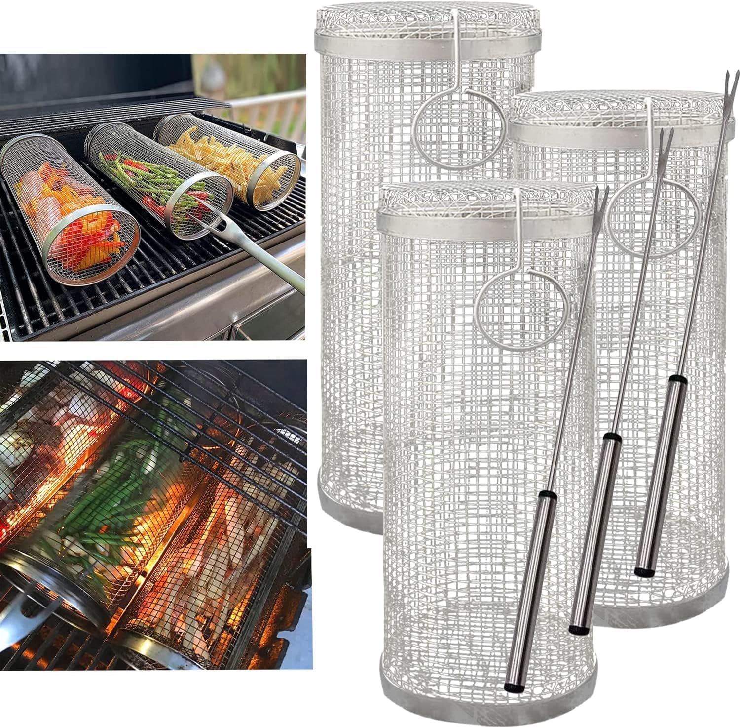 BBQ Roller Grill BasketRound Stainless Steel BBQ Grill Mesh，Outdoor