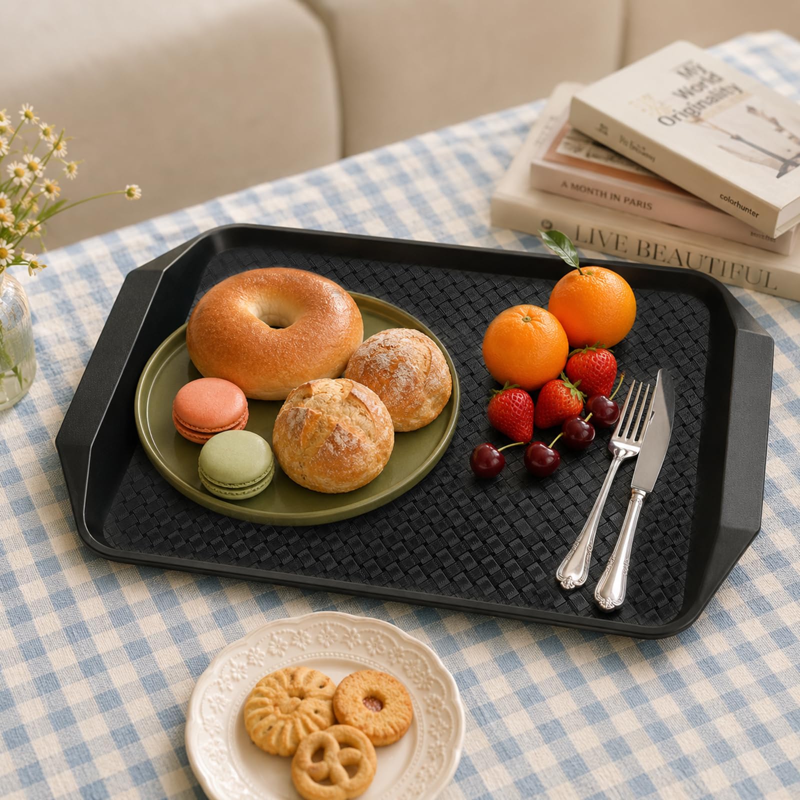 Juego de 12 bandejas de plástico negro, 43 x 30 cm, bandeja de cantina, rectangular, antideslizante, bandeja de comida rápida, apilable y fácil de limpiar, para restaurante, cafetería, bar