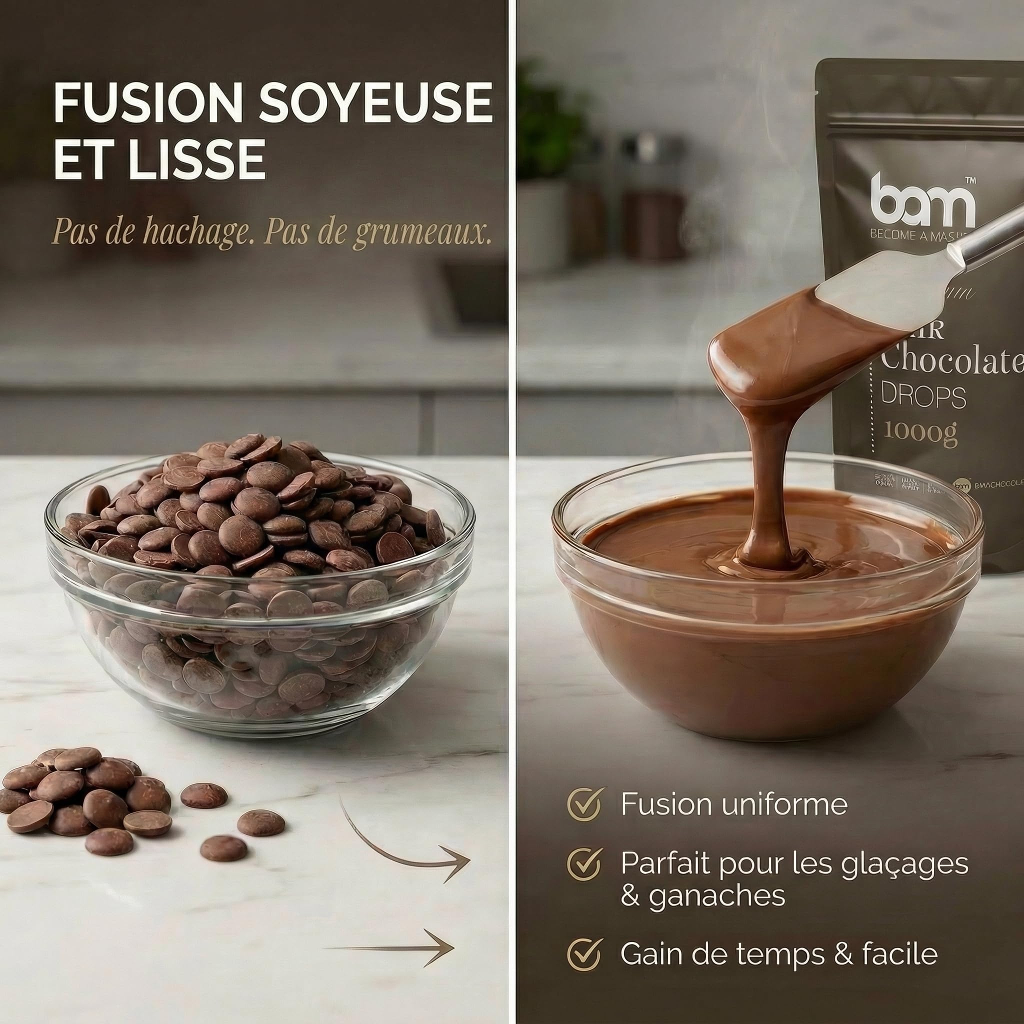 BAM Pépites de Chocolat au Lait de Couverture 35% Cacao | Chocolat Pâtissier pour Ganache, Fondue & Fontaine – 1kg