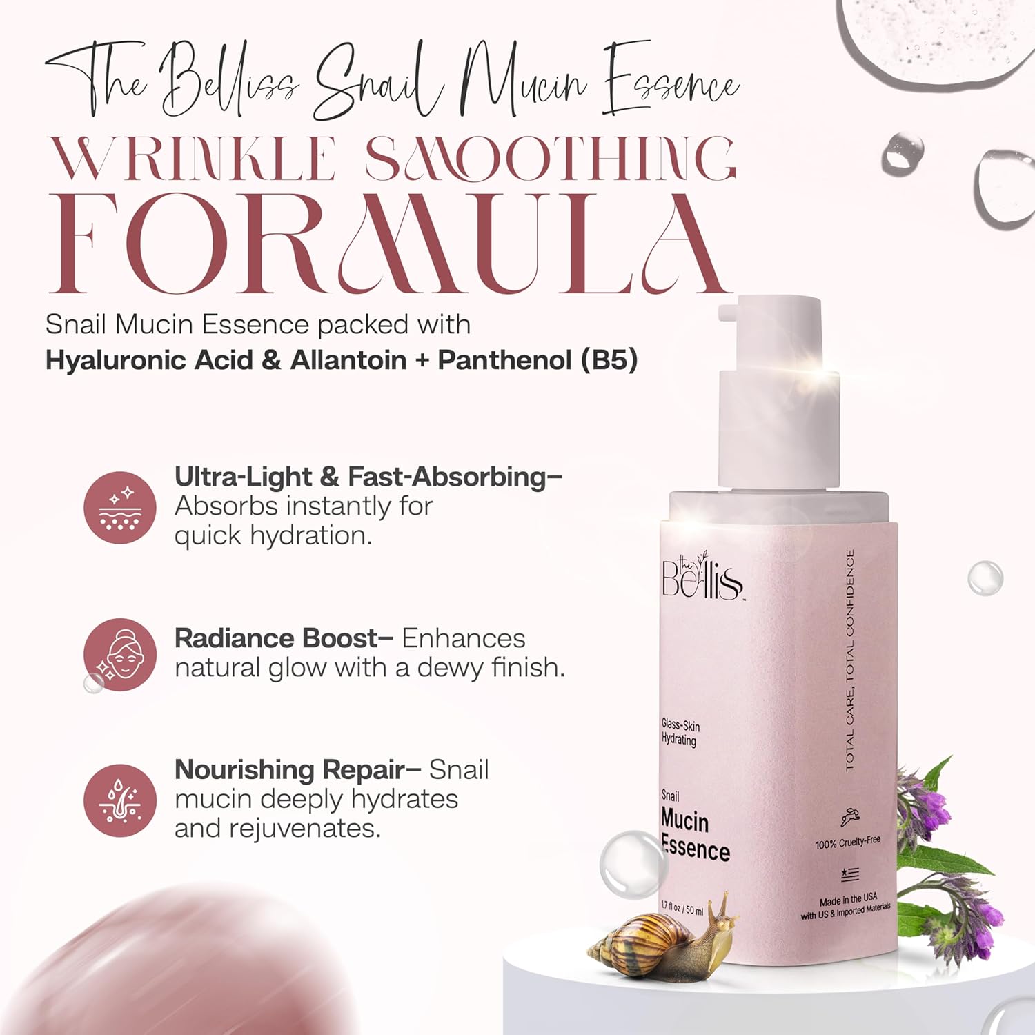 The Bellis Snail Mucin Essence – Snail Mucin Serum with Hyaluronic Acid, Allantoin – Hydrating Serum for Face – Lightweight and Fast-Absorbing – Anti-Aging and Hydration Support – 1.7fl oz - Image 6