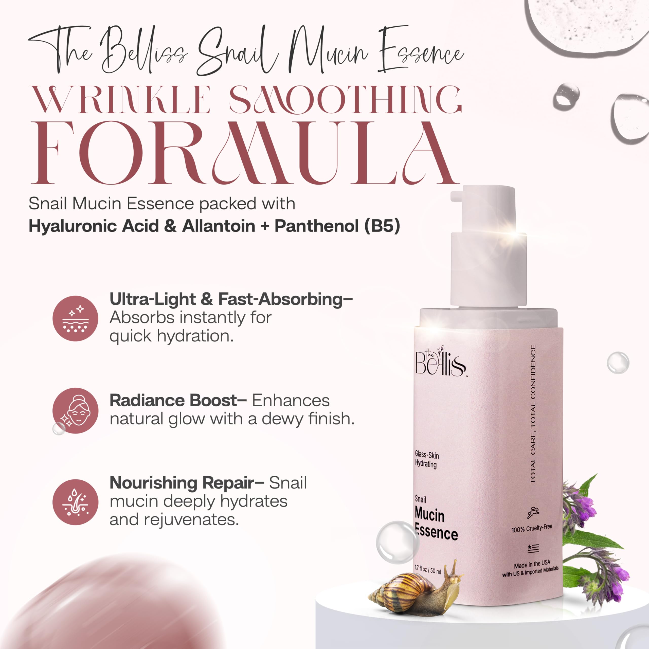The Bellis Snail Mucin Essence – Snail Mucin Serum with Hyaluronic Acid, Allantoin – Hydrating Serum for Face – Lightweight and Fast-Absorbing – Anti-Aging and Hydration Support – 1.7fl oz